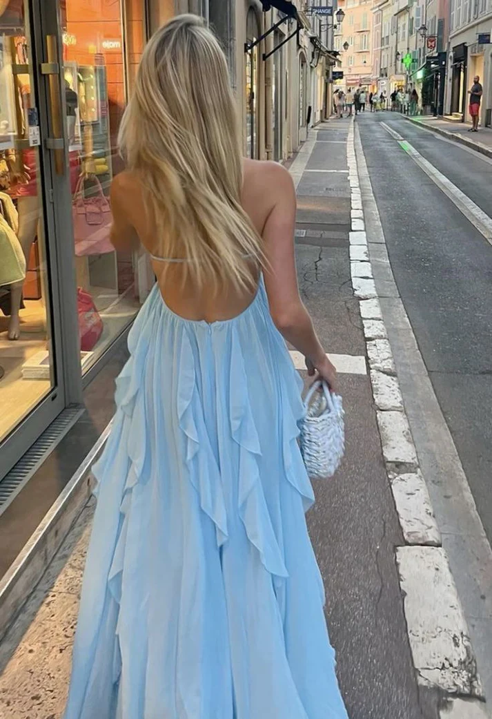 Elegant A-Line Halter Blue Chiffon Backless Ruffle Prom Dress J6108 - Perfect for Homecoming, Formal Dances & Special Occasions