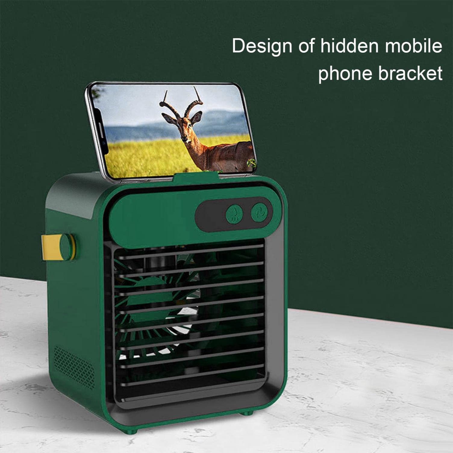 Portable USB Evaporative Air Cooler with Phone Holder - 3 Speed Quiet Misting Fan, 150ml Water Tank for Office, Home, Travel & Camping (Green) | Personal Cooling Solution for Hot Weather & Outdoor Activities