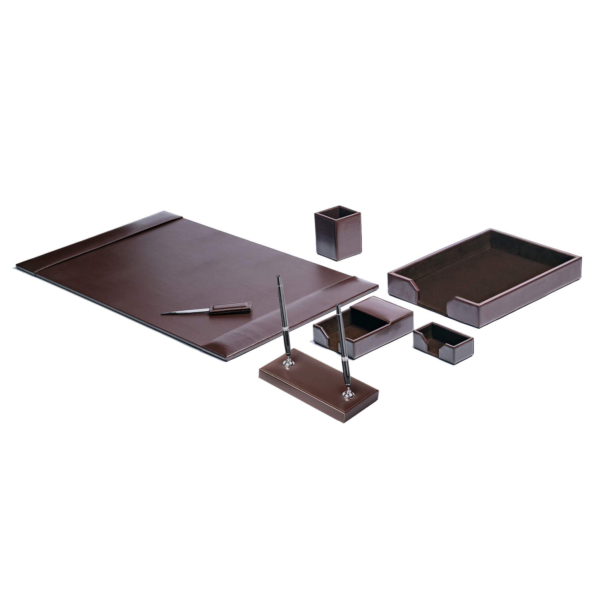 Premium 7-Piece Dark Brown Leather Desk Pad Set with Organizer - Luxurious Bonded Leather Office Desk Mat & Essential Accessories for Home & Office Workspace