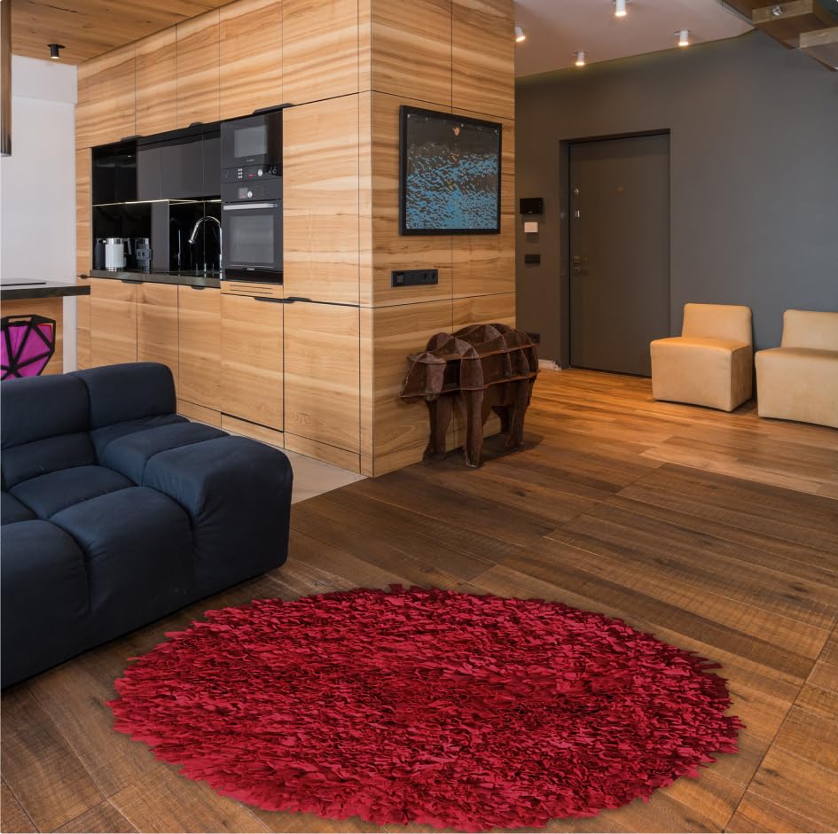 Premium Soft Shaggy Jersey Rug for Living Room - Machine Washable, Non-Slip, Foldable Indoor Carpet - 3' Round Red Accent Rug - Perfect for Cozy Home Decor, Bedroom Floor Mat, and Kids Play Area