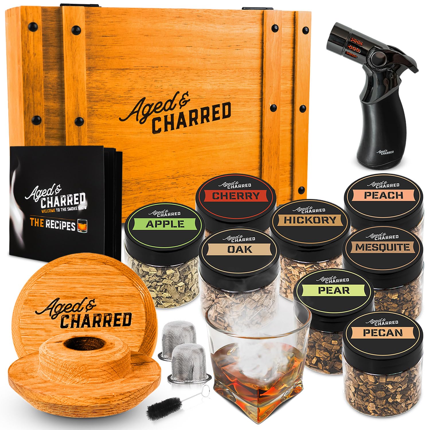 Premium Cocktail Smoker Kit with Torch & Wood Chips - Oak Wood Smoking Set for Whiskey & Bourbon - Old Fashioned Cocktail Maker - Unique Gifts for Men (Husband, Father, Son) - No Butane Needed - Perfect for Home Bars, Parties & Special Occasions