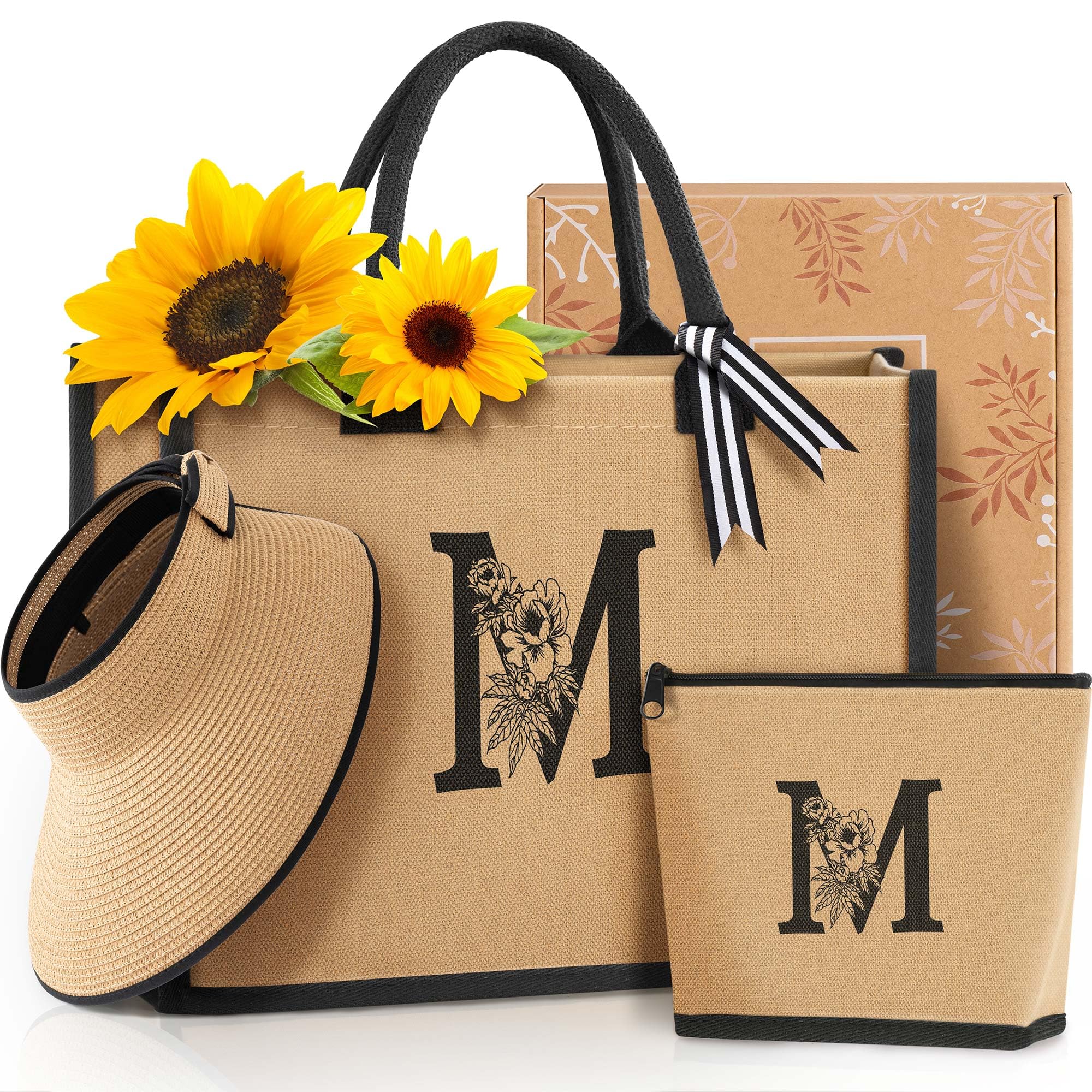 Personalized Monogram Canvas Beach Tote Bag with Matching Makeup Pouch & Sun Hat - Women's Summer Travel Essentials, Trendy Teen Girl Gift (Size M) - Perfect for Beach Vacations, Pool Parties & Weekend Getaways