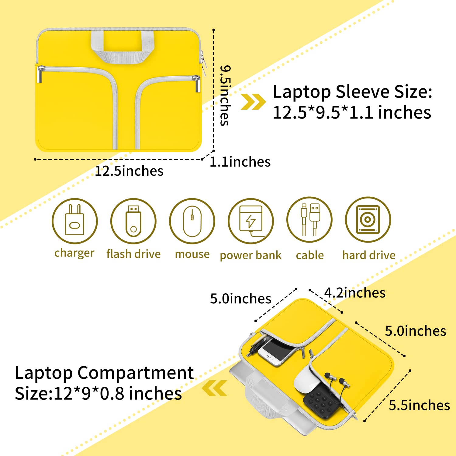 HESTECH 11.6-12.3 Inch Chromebook Case - Neoprene Laptop Sleeve with Handle for Acer R11, HP Stream, Samsung, Surface Pro X/7/6/5/Go, MacBook Air/Pro M2 M1 - Protective Computer Bag in Yellow - Perfect for School, Office & Travel