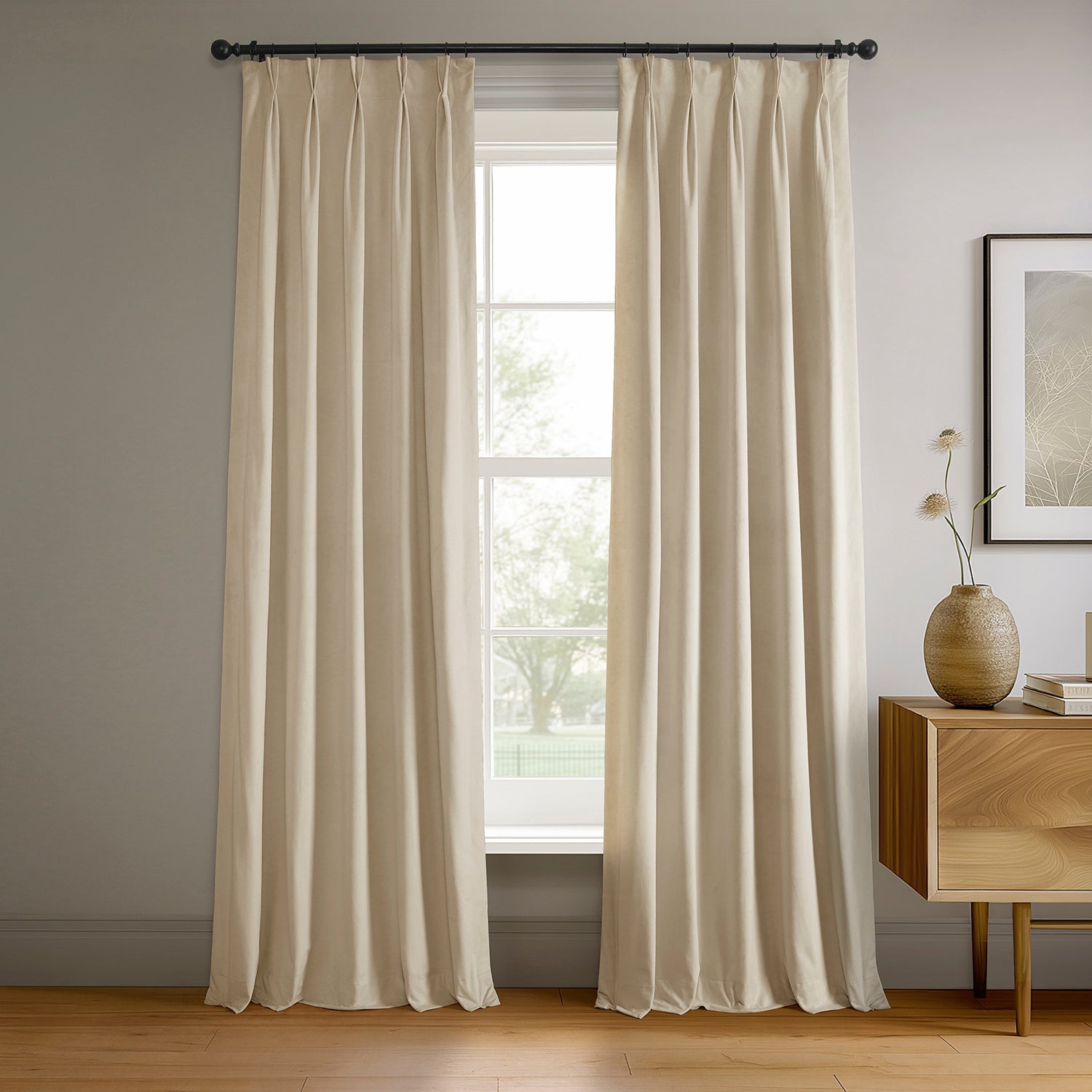 Alabaster Beige French Pleat Blackout Curtains - Thermal Insulated Velvet Drapes for Living Room & Bedroom | Noise Reducing Window Treatments for Home Decor