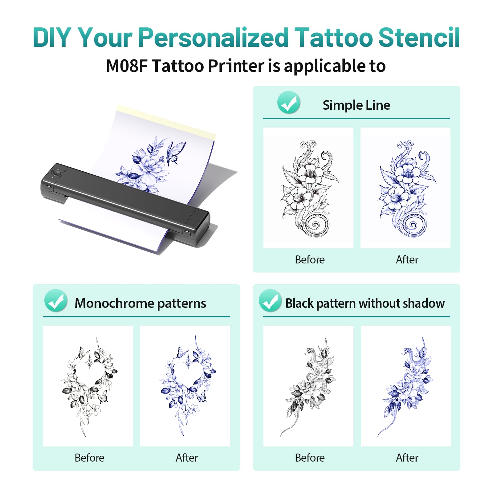 Professional M08F Wireless Tattoo Stencil Printer Kit - Bluetooth Thermal Printer for Tattoo Artists, Compatible with Smartphones & PC, Includes 10 Sheets A4 Transfer Paper - Perfect for Tattoo Studios, Home Practice & Professional Tattoo Design