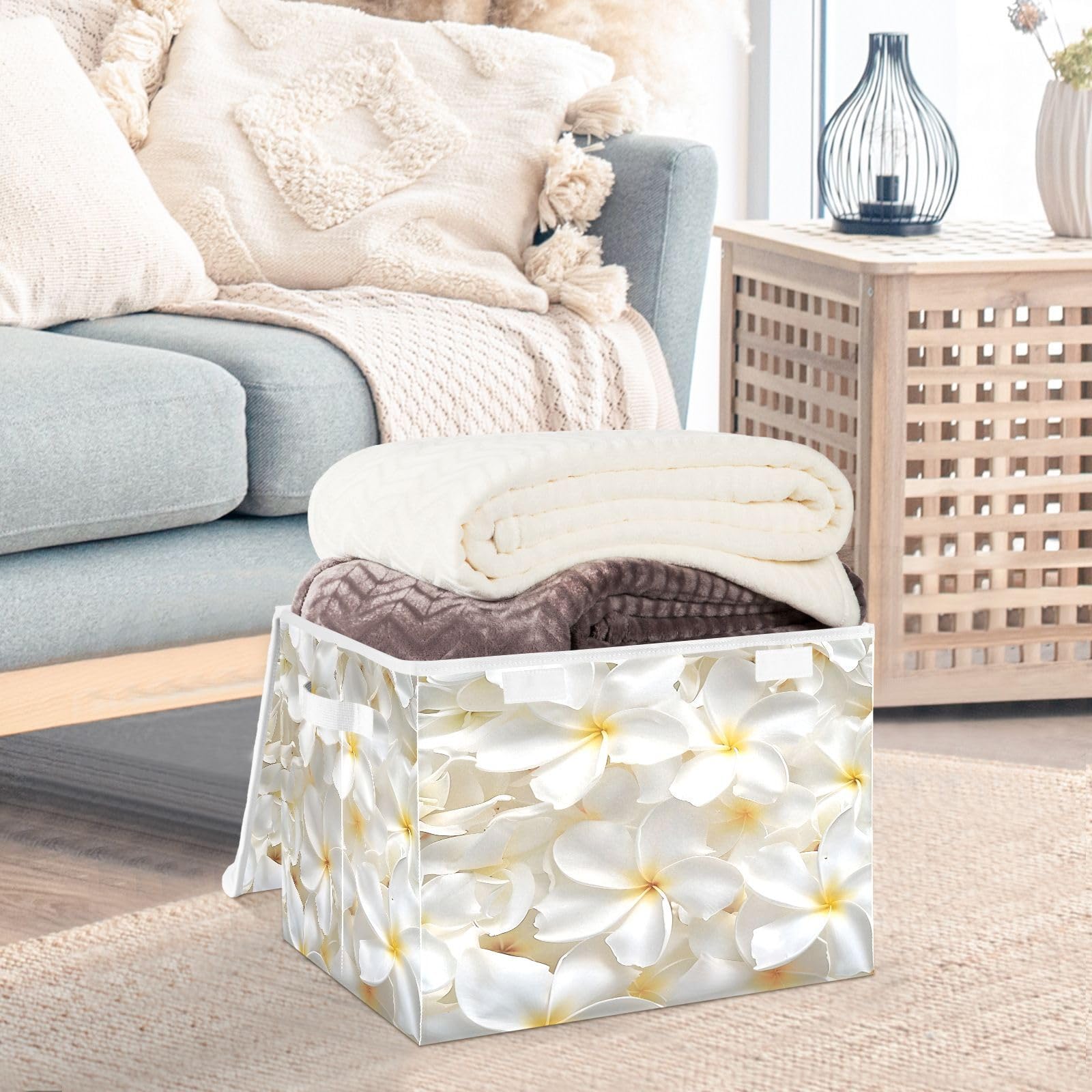 Beautiful Jasmine Petals Fabric Foldable Storage Bins with Lids - Collapsible Organizer Containers for Home, Bedroom, Closet & Office | Perfect for Clothes, Toys & Home Organization