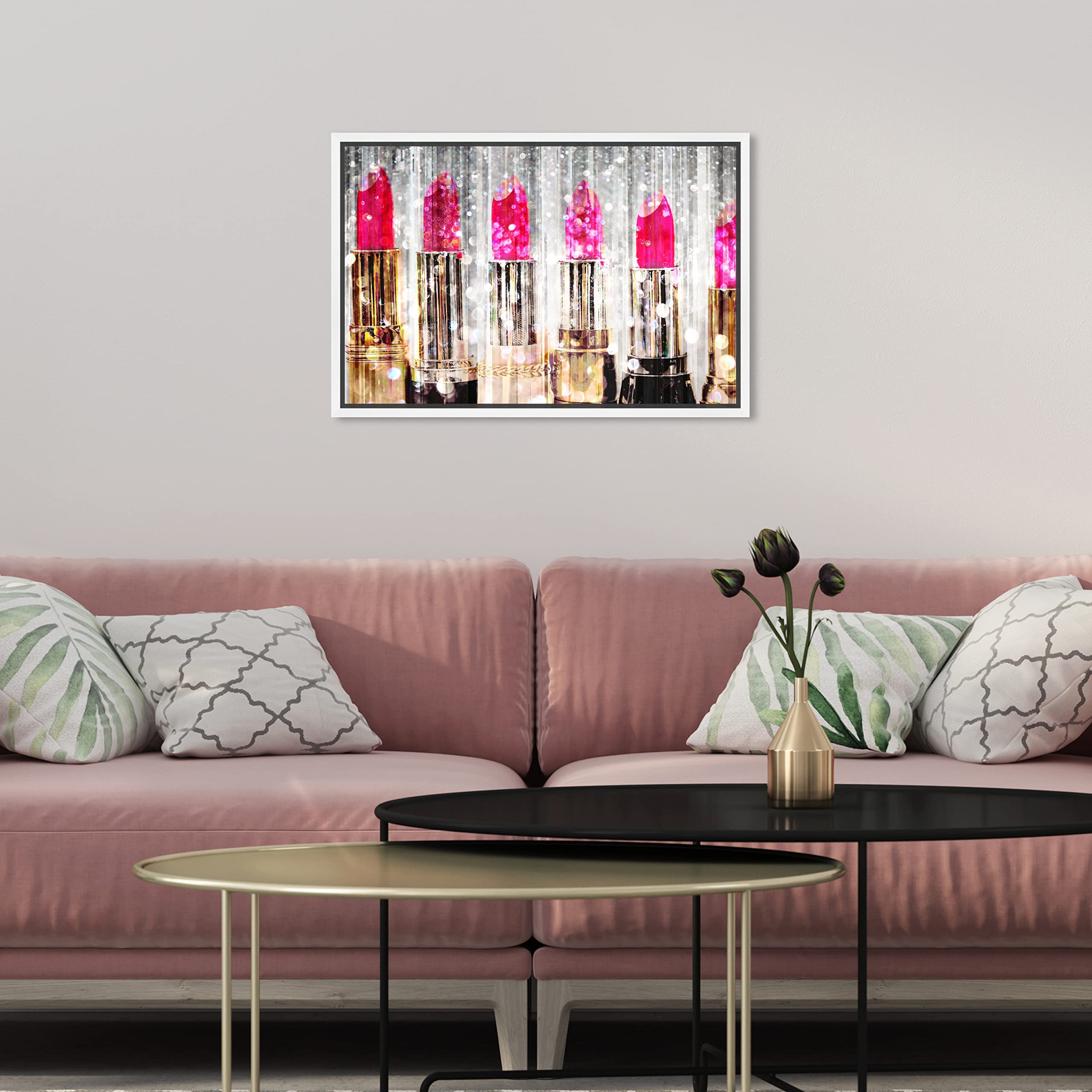 Oliver Gal Artist Co. Fashion & Glam Modern White Framed Canvas Wall Art - Lipstick Collection in Pink & Gold (15x10 inches) - Perfect for Living Room, Bedroom & Bathroom Decor | Elegant Home Accent for Women's Spaces & Makeup Lovers