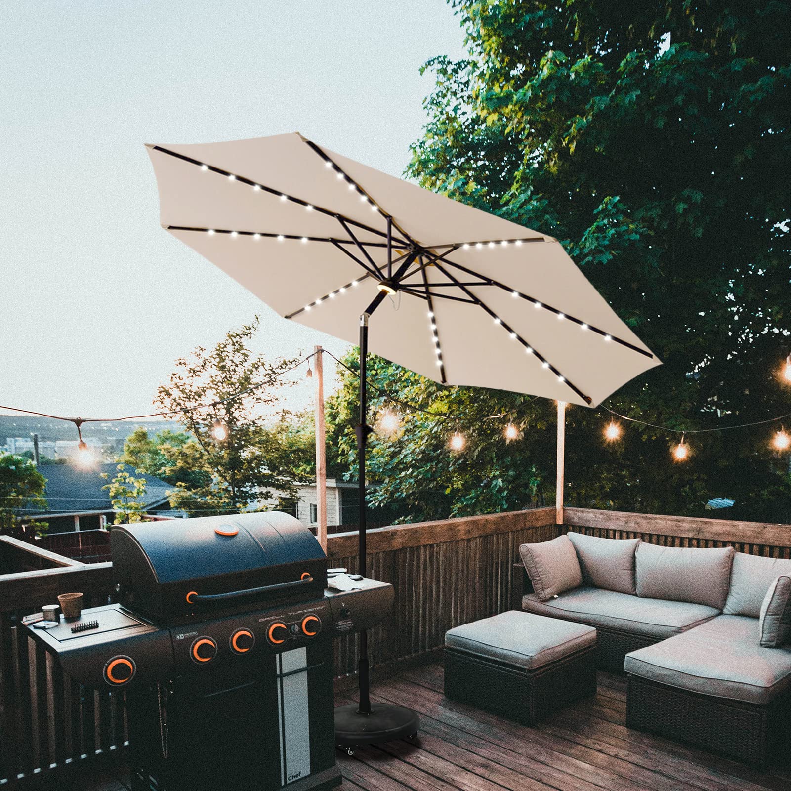 11 ft Solar LED Patio Umbrella with Tilt - Outdoor Market Table Umbrella for Garden, Poolside & Backyard - Waterproof & Windproof Sun Shade for Deck, Restaurant & Commercial Use