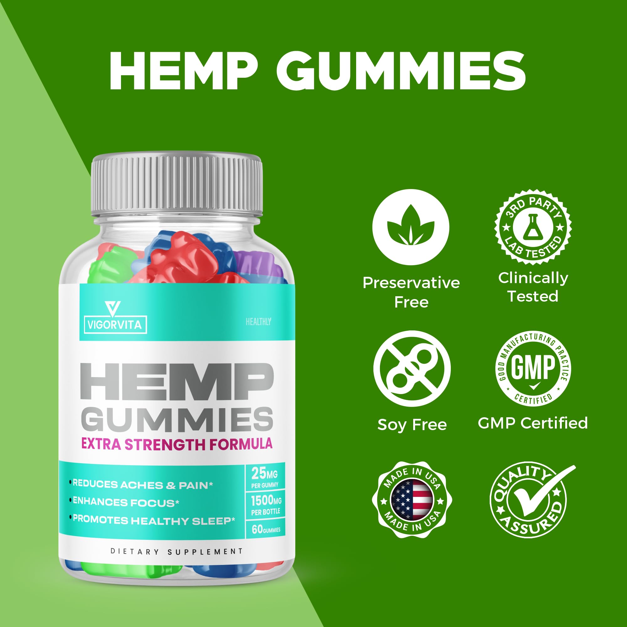 Vigorvita Extra Strength Hemp Extract Gummies - Official Formula 60 Count - Supports Wellness & Relaxation - Perfect for Stress Relief & Daily Health Boost (2023 New Big Size)