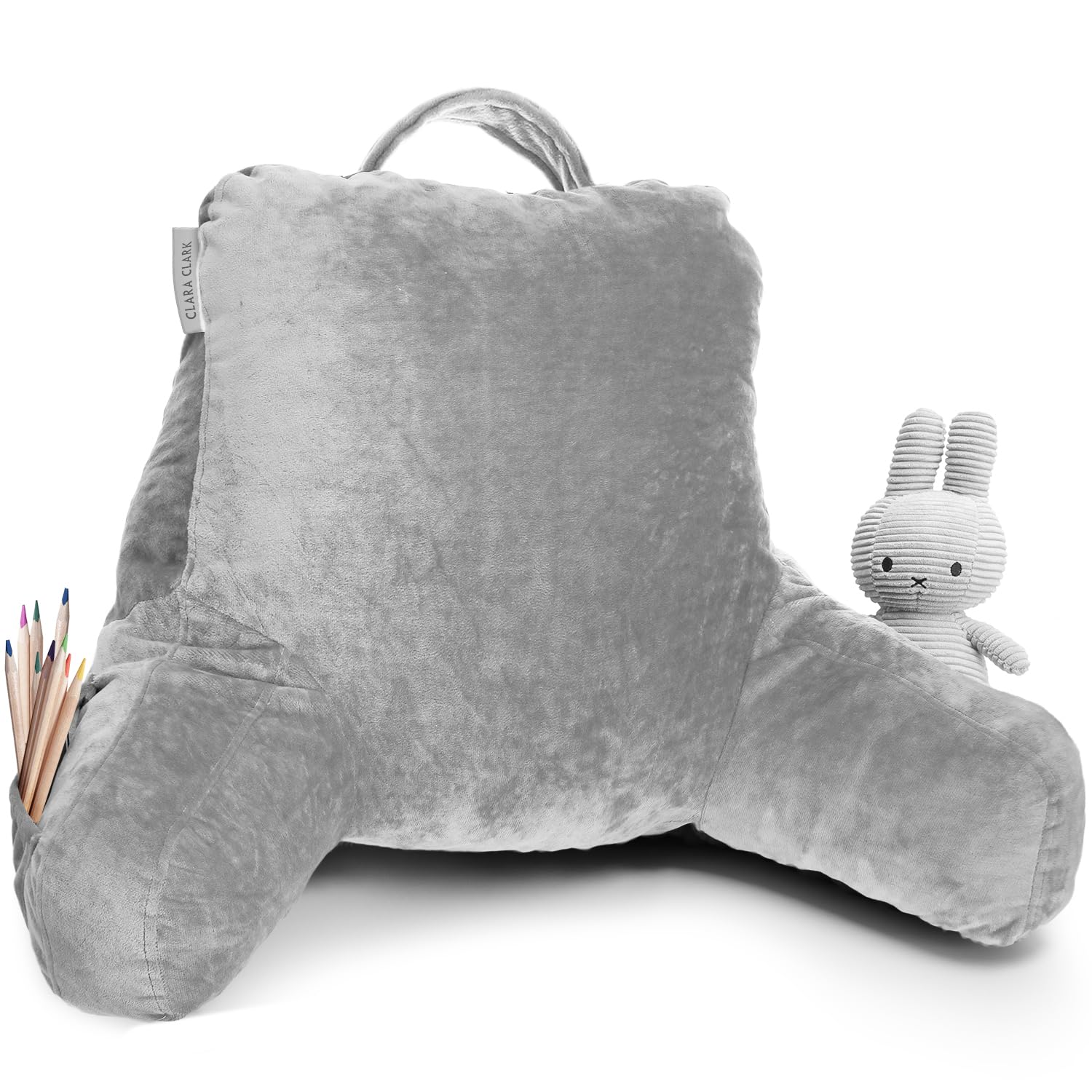 **Clara Clark Kids Reading Pillow - Memory Foam Back Support Pillow for Sitting Up in Bed, Light Grey Gaming Pillow with Arms & Pockets - Perfect for Reading, Gaming & Relaxing in Bed**