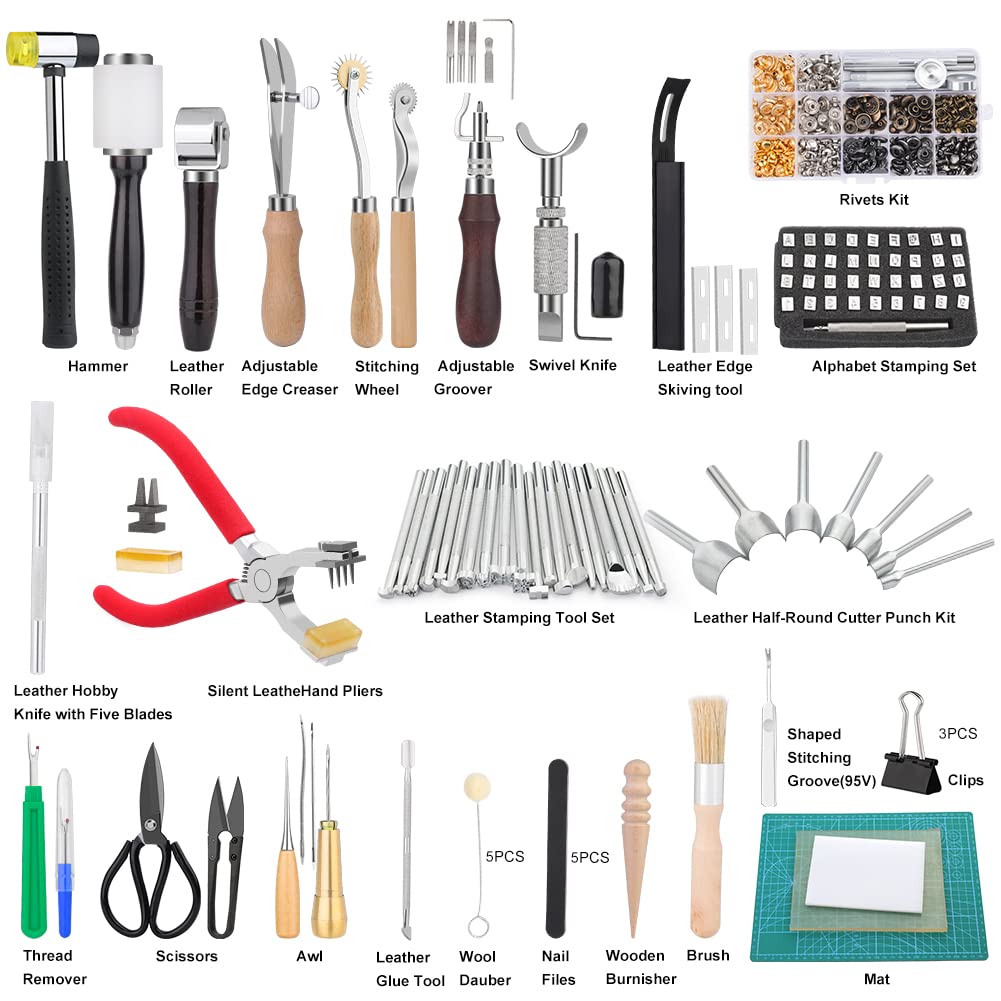 447-Piece Leather Crafting Tool Kit with Instruction Manual - Leatherworking Tools, Stamping Set, Hole Punch & Holder - Perfect for DIY Leather Projects, Saddle Making & Crafting Accessories