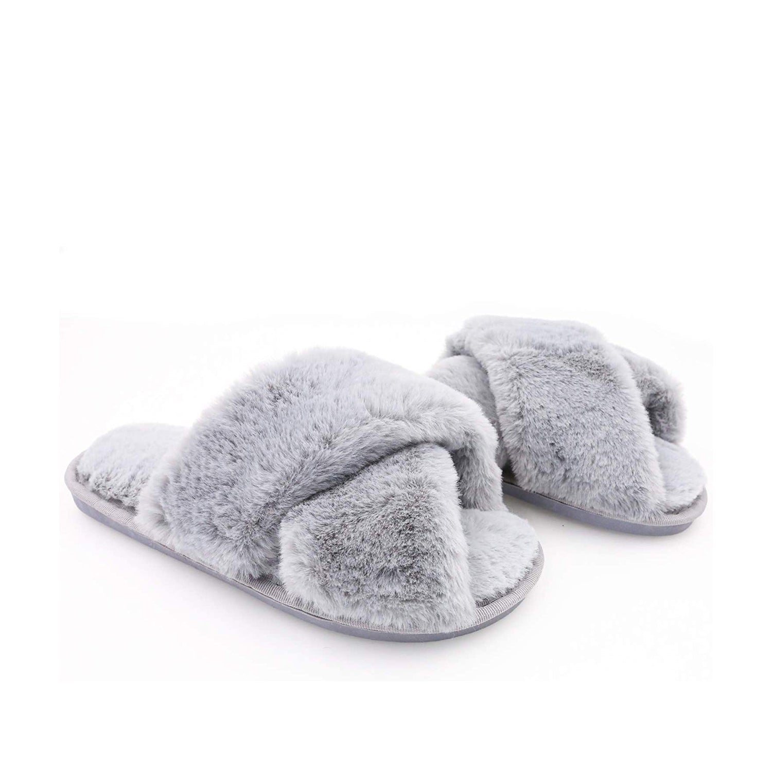 FLOOF Women's Cozy Cross Faux Fur Slippers - Soft Grey Indoor House Shoes for Winter Comfort & Warmth at Home