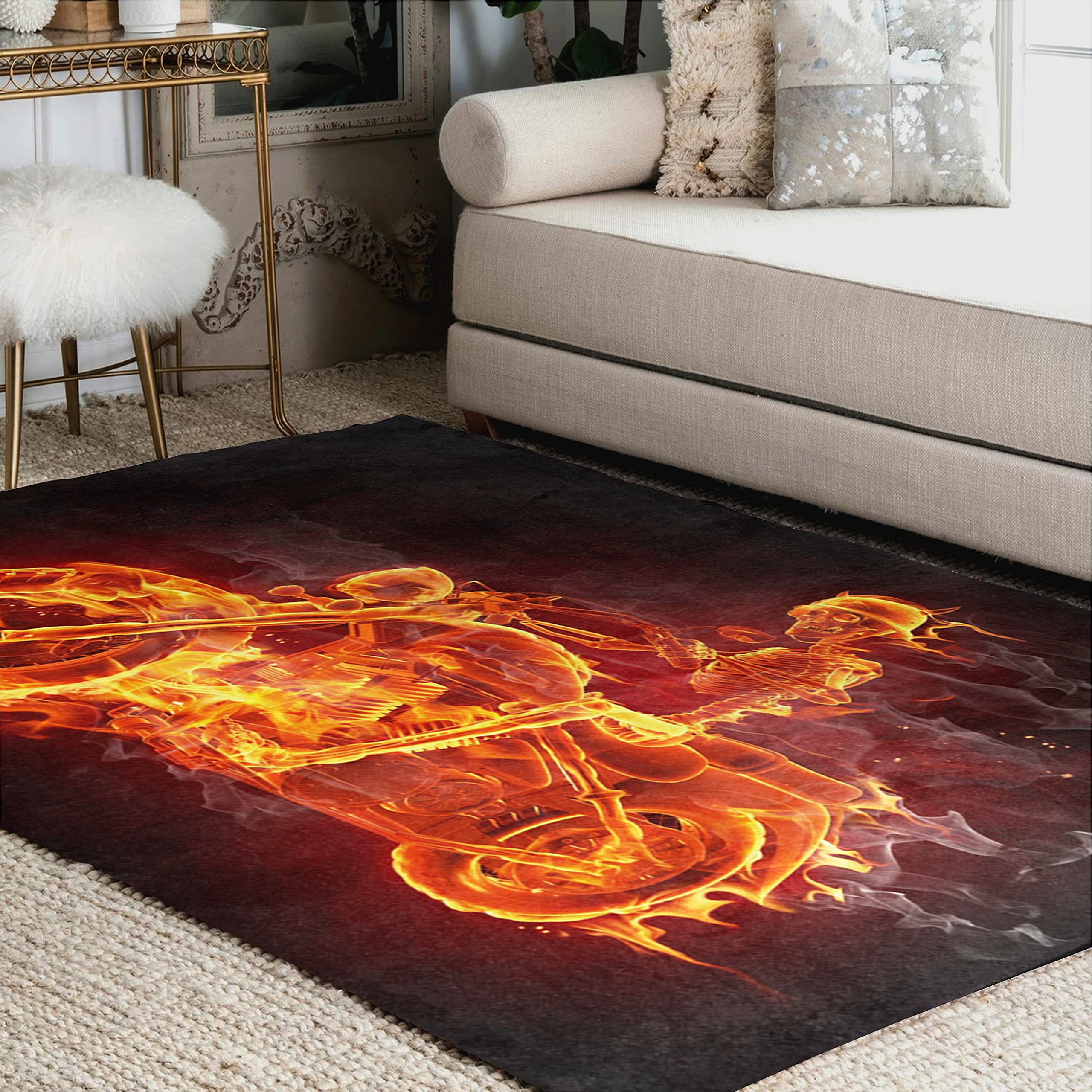 ALAZA Fire Skeleton Motorcycle Themed Area Rug - 7'x5' Non-Slip Floor Mat for Living Room, Bedroom, Man Cave - Perfect for Biker Home Decor & Motorcycle Enthusiast Gifts