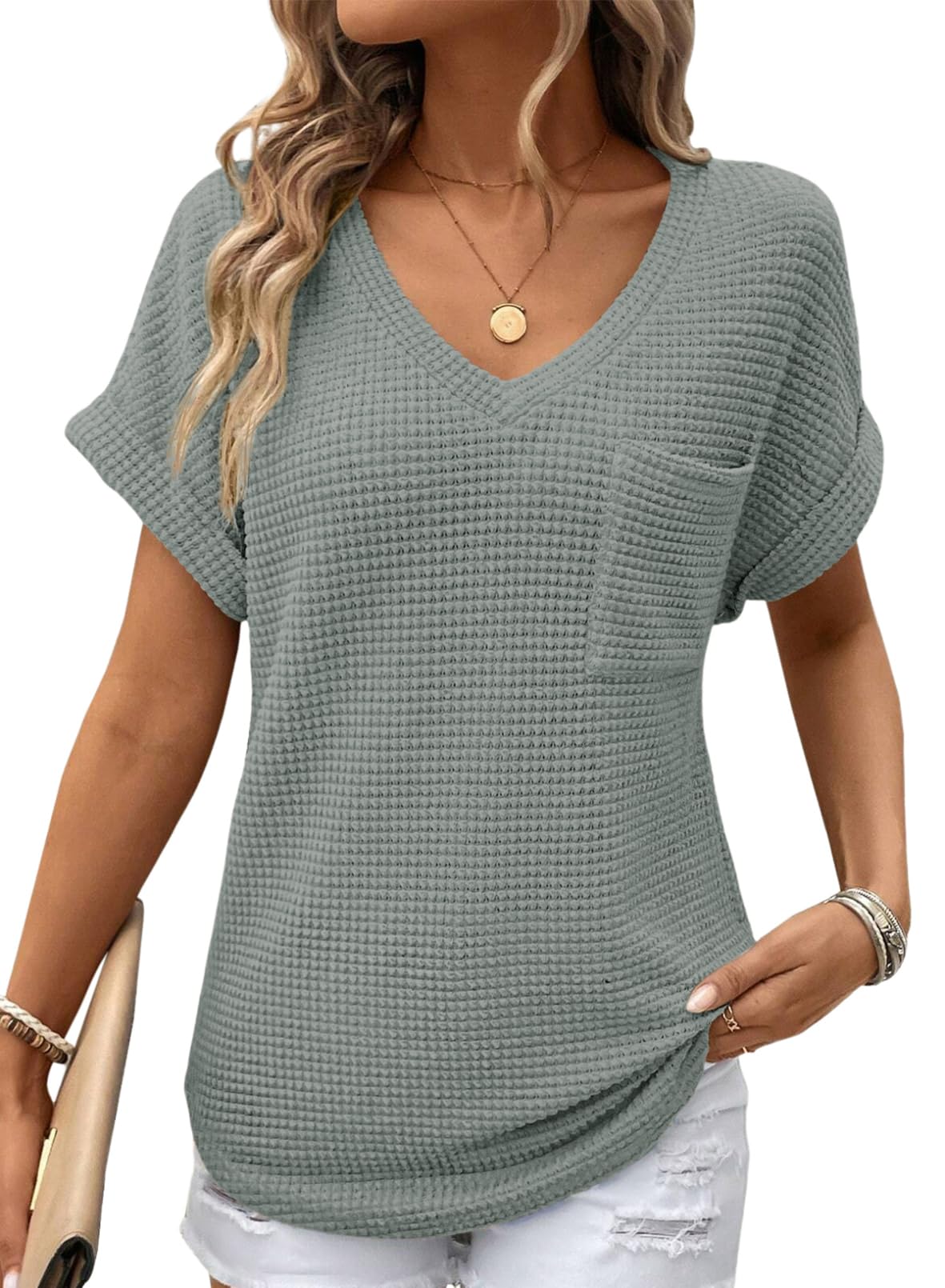 Dokotoo Women's Waffle Knit Tops - 2025 Spring Summer V-Neck Casual Blouses & Basic Tees | Trendy Shirts for Everyday Wear, Office & Weekend Outfits