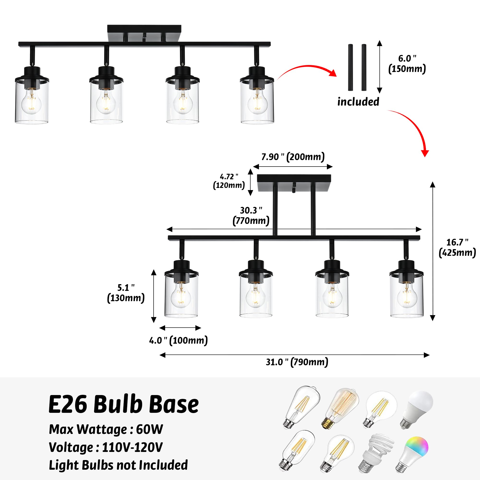 4-Light Adjustable Ceiling Fixture - Modern Black Track Lighting Kit with Rotatable Heads & Clear Glass Shades, E26 Base - Perfect for Bathroom, Kitchen, Hallway & Bedroom Lighting