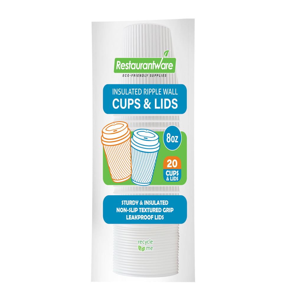 8 oz White Paper Ripple Wall Coffee Cups with White Lids - 3.5