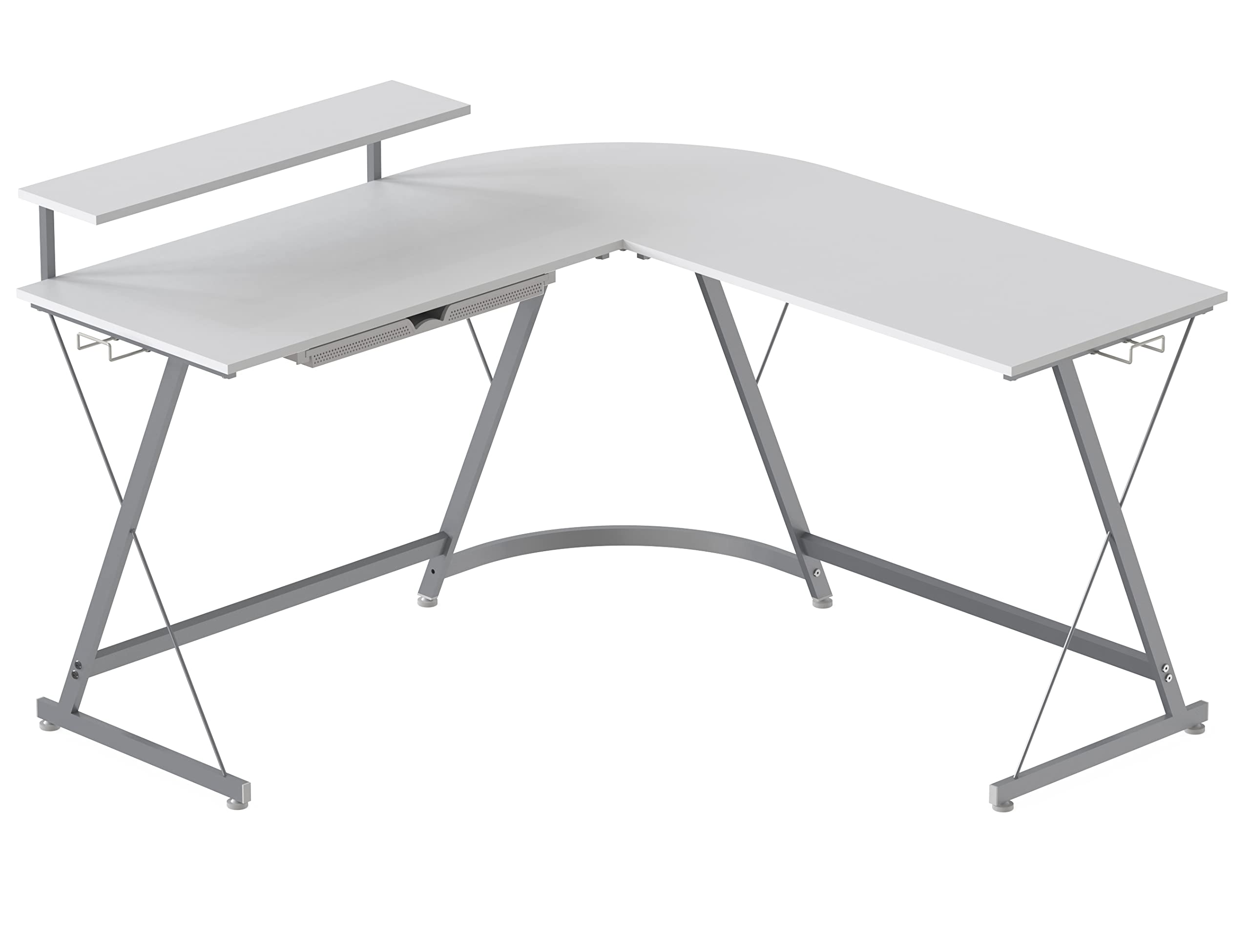 SHW Vista L-Shape Computer Desk with Monitor Stand - White Home Office Desk for Gaming & Workstation Setup | Perfect for Small Spaces & Corner Work Areas