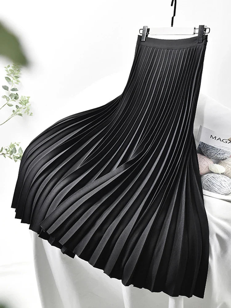 Brand Designer Women's High Waist Pleated Skirt - Elegant Solid Color A-Line Skirt with Elastic Waistband for Spring & Autumn | Office Wear, Party Outfits, Casual Chic Fashion