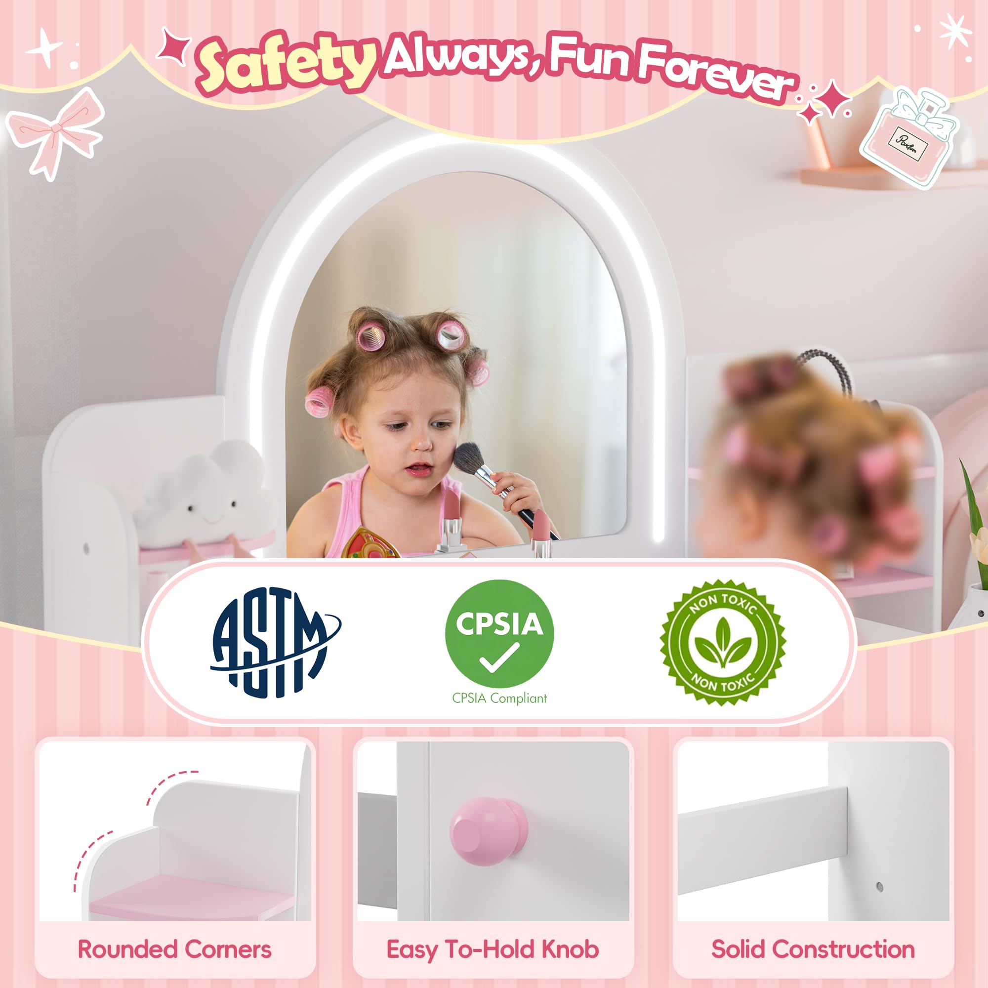 MU Kids Vanity with Lights - Princess Makeup Vanity Desk with Open Bookshelf, Storage Cabinet & Shelves, 2-in-1 Toddler Vanity Table & Chair Set with Lighted Mirror for Little Girls (White) - Perfect for Bedroom Decor, Birthday Gifts & Pretend Play