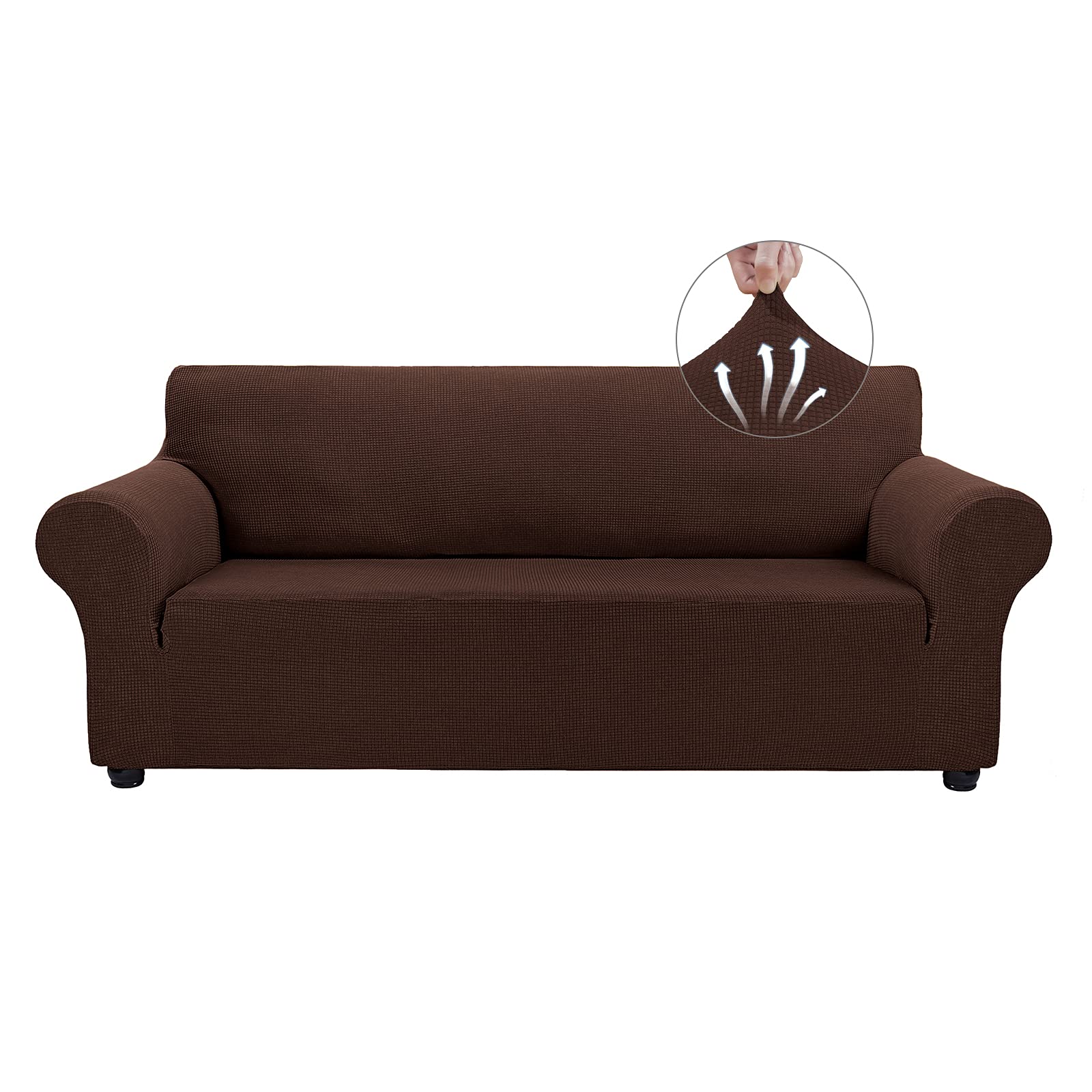 Stretch Sofa Slipcover for 3-Cushion Couch - Pet Proof Jacquard Fabric with Small Checks - Chocolate Brown Furniture Protector for Dogs & Cats - Perfect for Living Room, Family Room & Pet-Friendly Homes