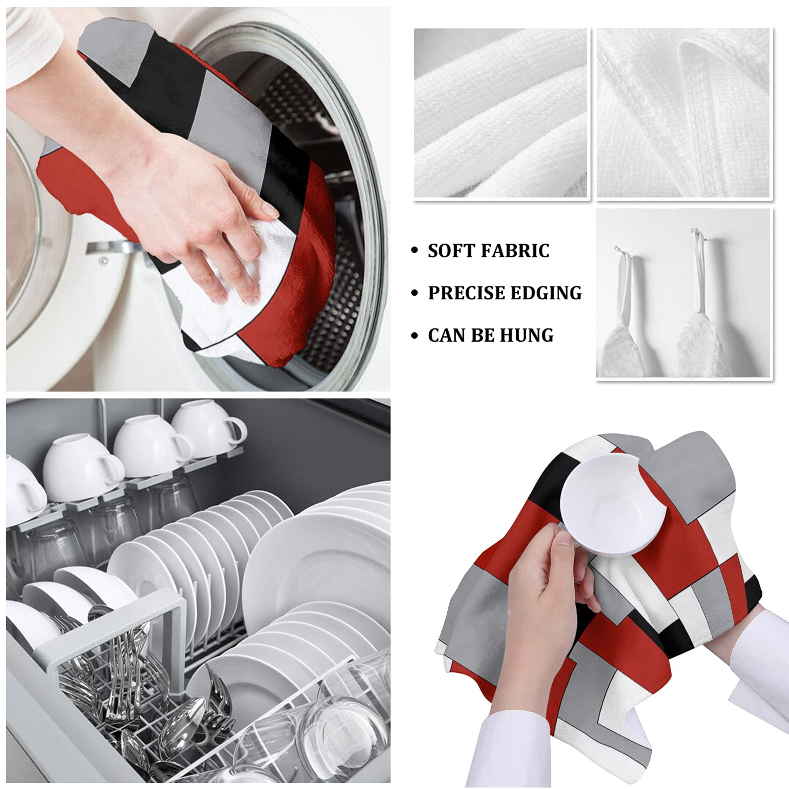 Geo Kitchen Towels - Soft Cotton Dish Cloths 16x28 Inches, White Grey Black Red Abstract Geometric Pattern - Multipurpose Tea Towels, Bar Towels & Hand Towels (1 Pack) - Perfect for Kitchen, Dining & Bar Use