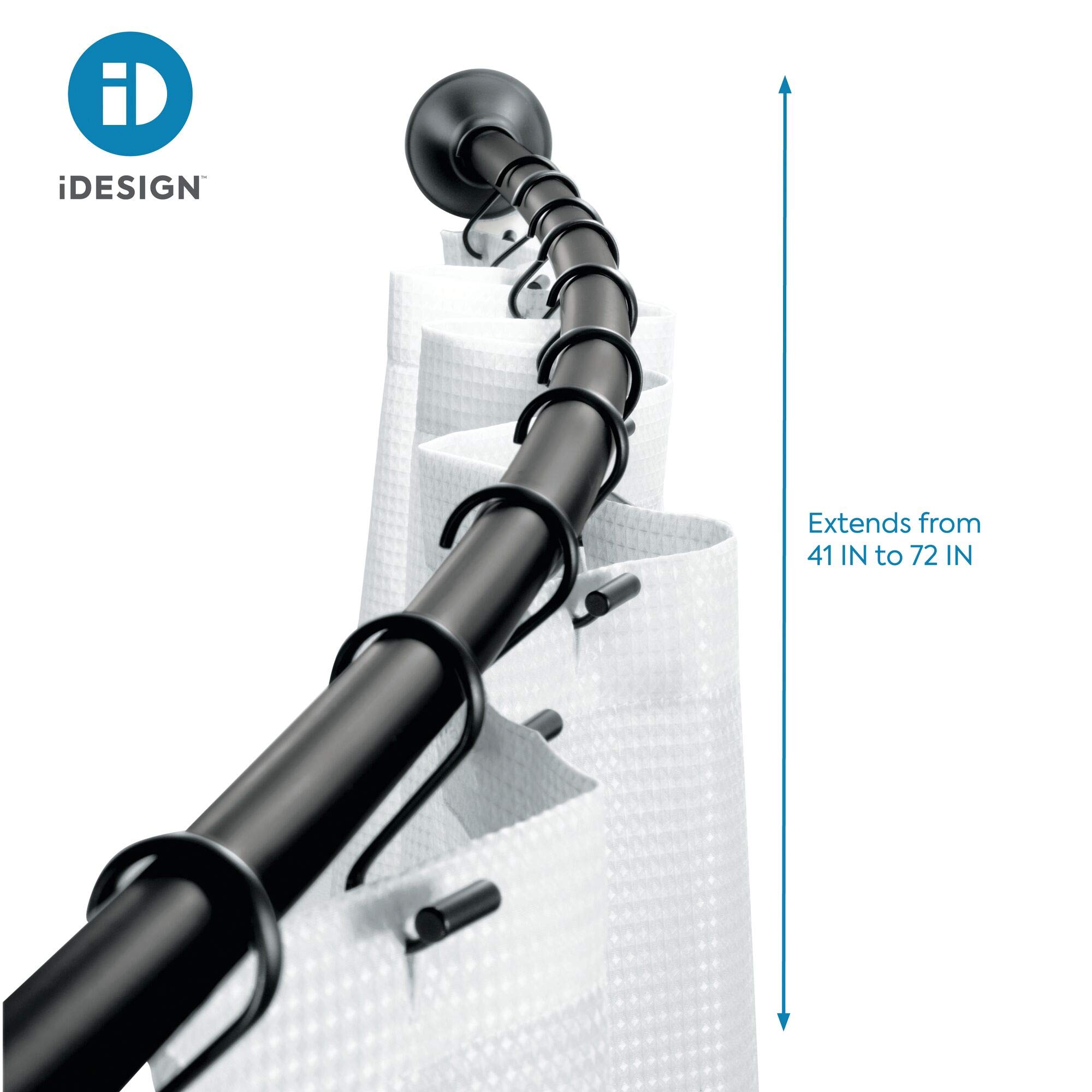 iDesign Adjustable Curved Metal Shower Curtain Rod 41-72 Inches - Matte Black Bathroom Accessory for Bathtub, Stall, Closet & Doorway | Rust-Resistant & Customizable Length | Perfect for Small Bathrooms & Walk-In Showers