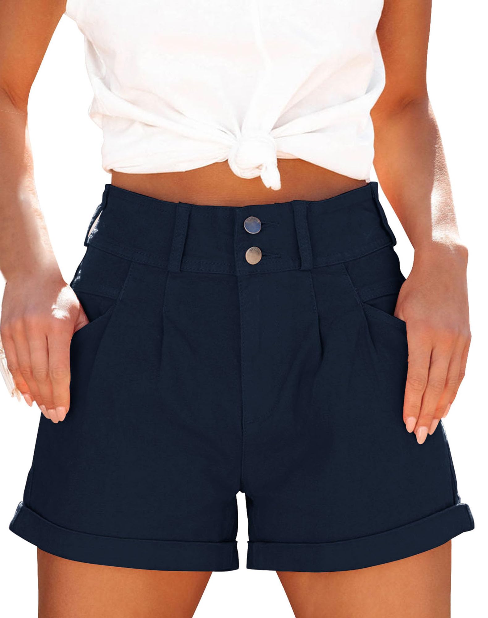 Orchidays Women's High Waisted Chino Bermuda Shorts with Folded Hem - Comfortable Casual Summer Shorts for Women, Perfect for Beach, Travel & Daily Wear
