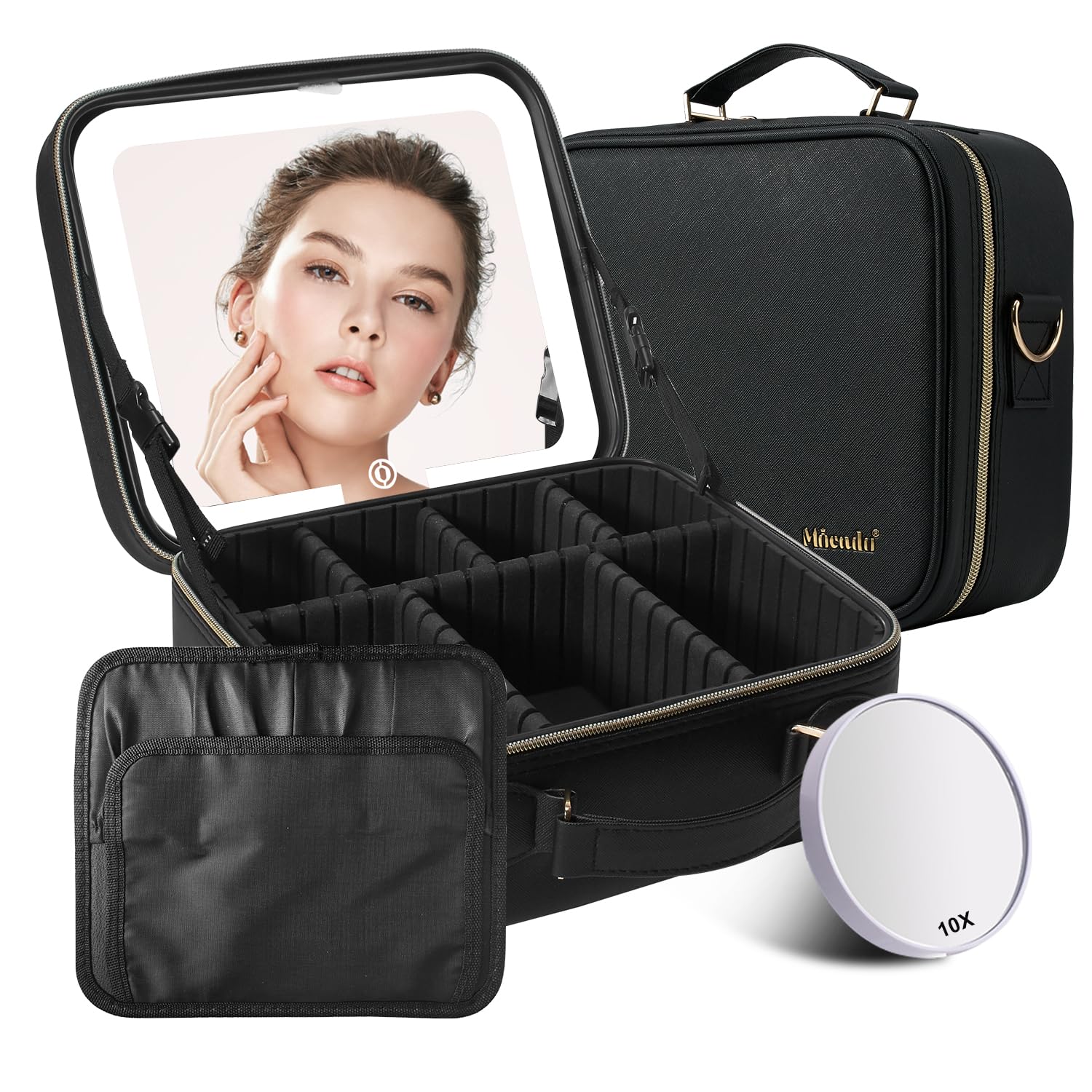 Mocado LED Lighted Travel Makeup Bag with 3-Color Settings & 10x Magnifying Mirror - Portable Makeup Organizer Case with Adjustable Dividers for Women - Perfect for Travel, Home Use & On-the-Go Touch Ups (Black)