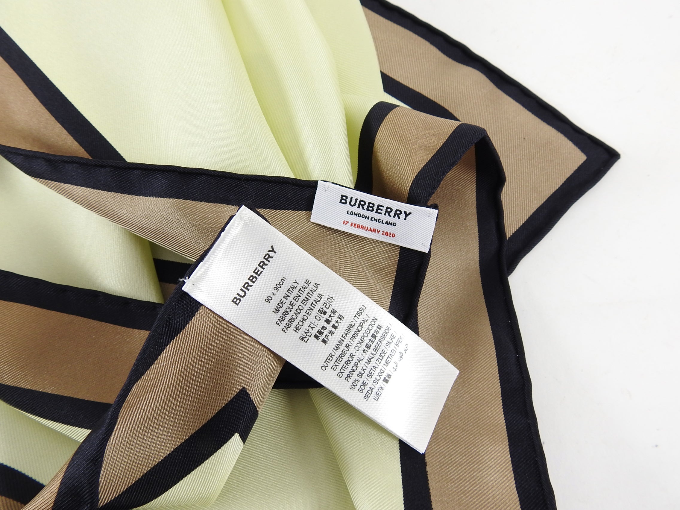 Burberry London Mint Green & Brown Silk Scarf - 90cm Luxury Logo Design for Runway Shows, Fashion Events & Everyday Elegance
