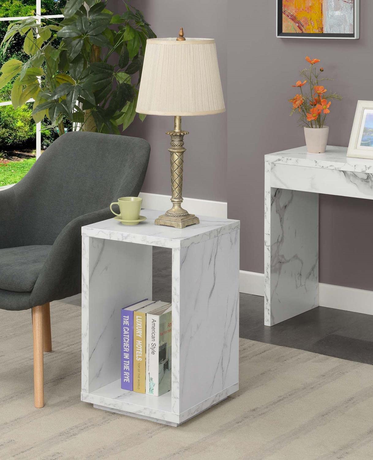 Convenience Concepts Northfield Admiral End Table with Shelf - White Faux Marble Top Nightstand for Living Room, Bedroom & Office - Modern Side Table with Storage Space