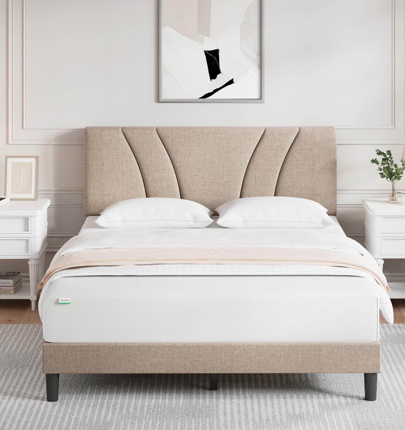 Novilla Queen Size Bed Frame with Upholstered Headboard - Wood Slat Support, No Box Spring Needed, Heavy Duty Metal Feet, Easy Assembly, Beige Fabric - Perfect for Master Bedroom, Guest Room & Apartment