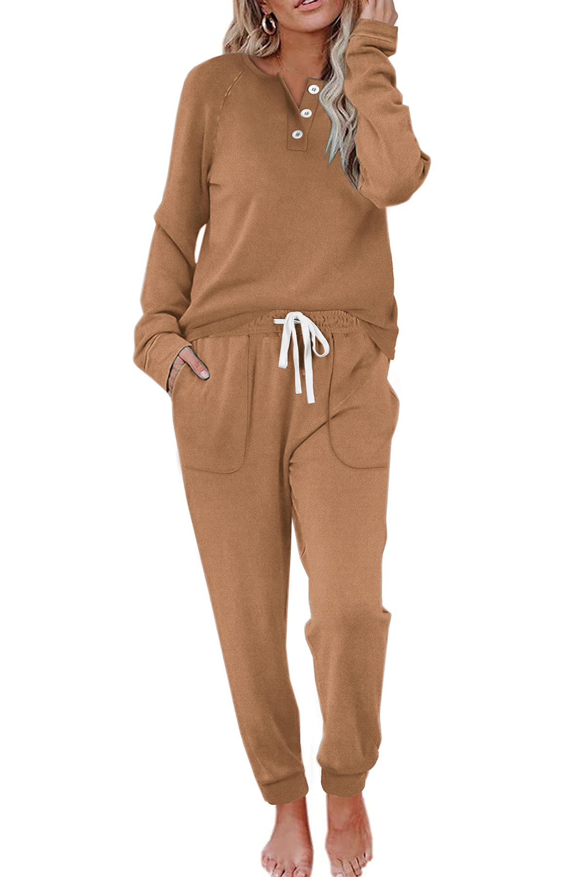 WIHOLL Women's Two Piece Lounge Set - Button Down Sweatshirt & Sweatpants Outfit with Pockets | Comfortable Casual Wear for Home, Yoga, and Travel