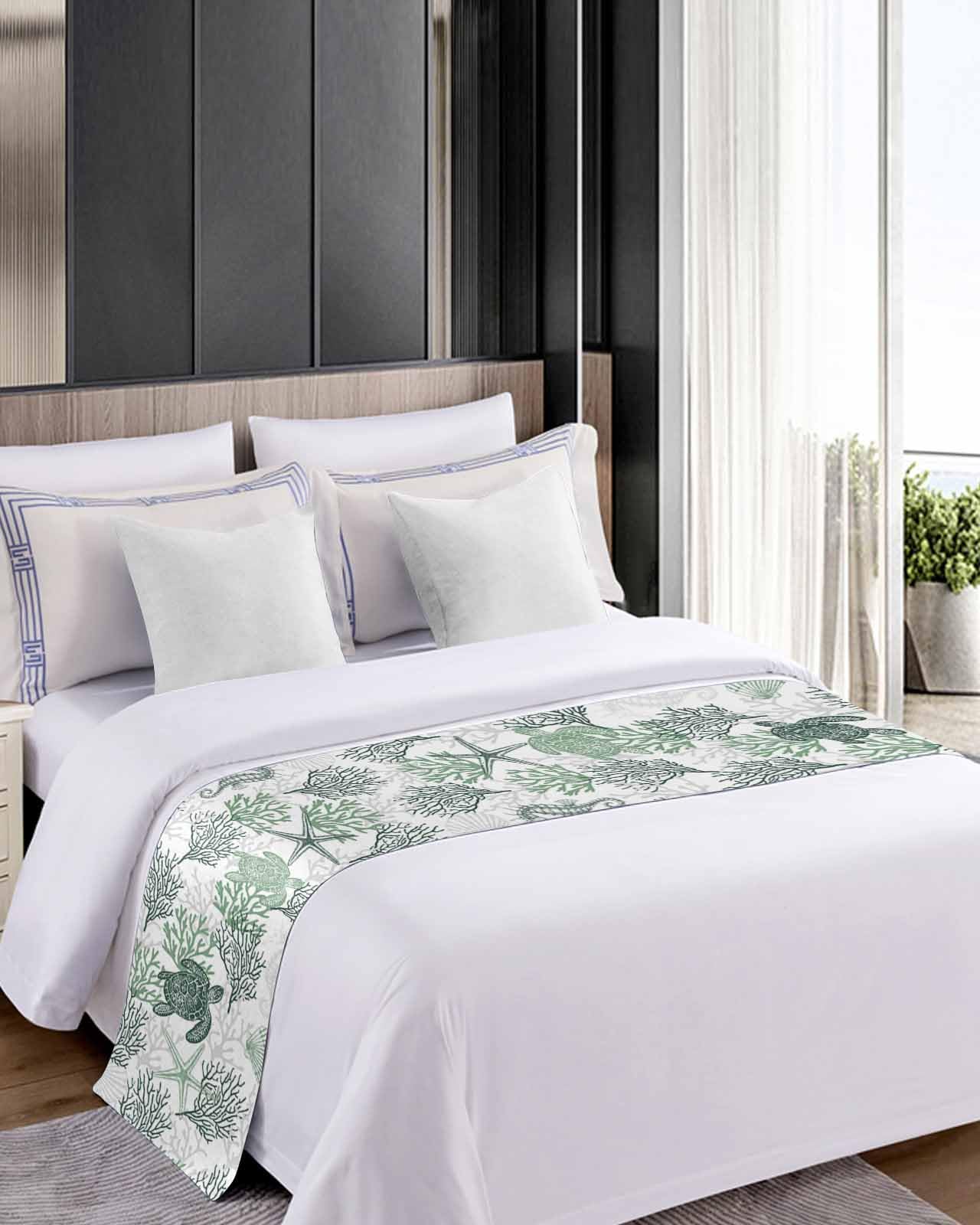 Elegant Sage Green Coastal Bed Runner for Queen Size Beds - 83 x 20 Inch Nautical Sea Turtle Design Summer Beach Throw - Perfect for Hotels, Bedroom Decor & Foot of Bed Protection
