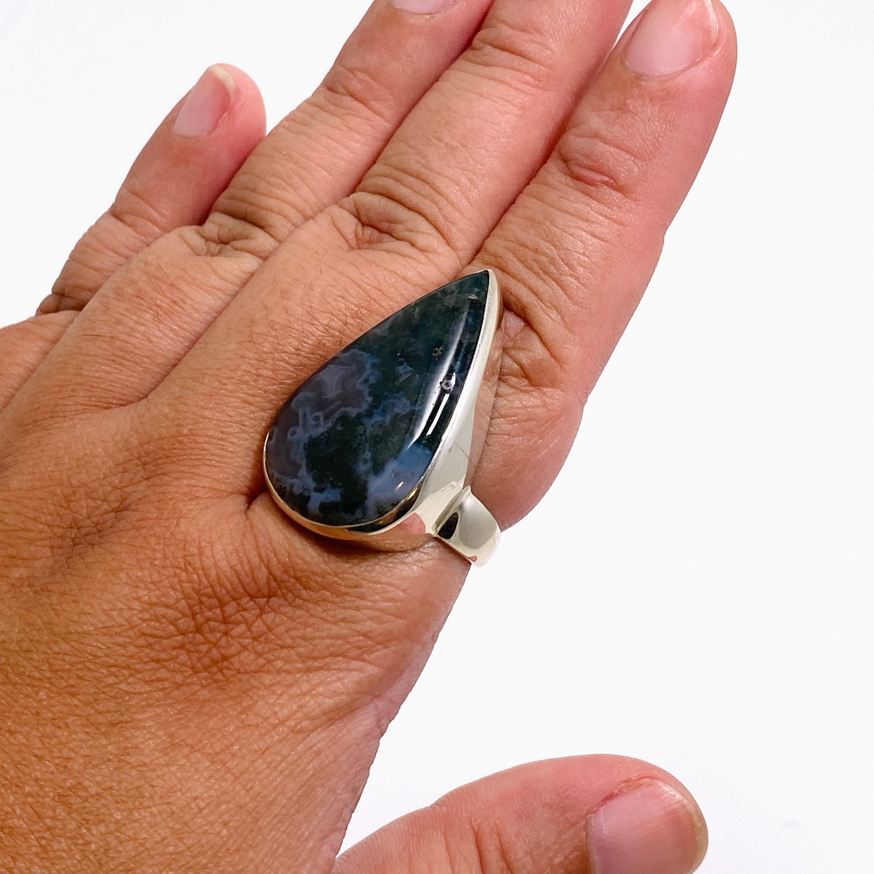 Natural Moss Agate Teardrop Cabochon Ring - Size 11 | Handmade Sterling Silver Jewelry for Women | Perfect for Boho Style, Wedding & Everyday Wear