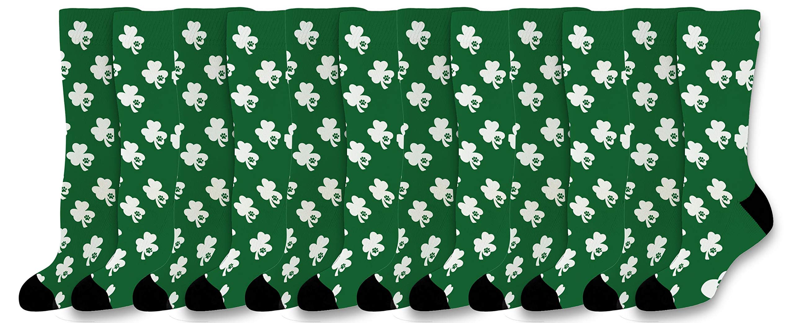 Shamrock Pawprint 4-Leaf Clover St. Patrick's Day Novelty Crew Socks - Fun Lucky Socks for Irish Celebration, Gift & Costume Accessories