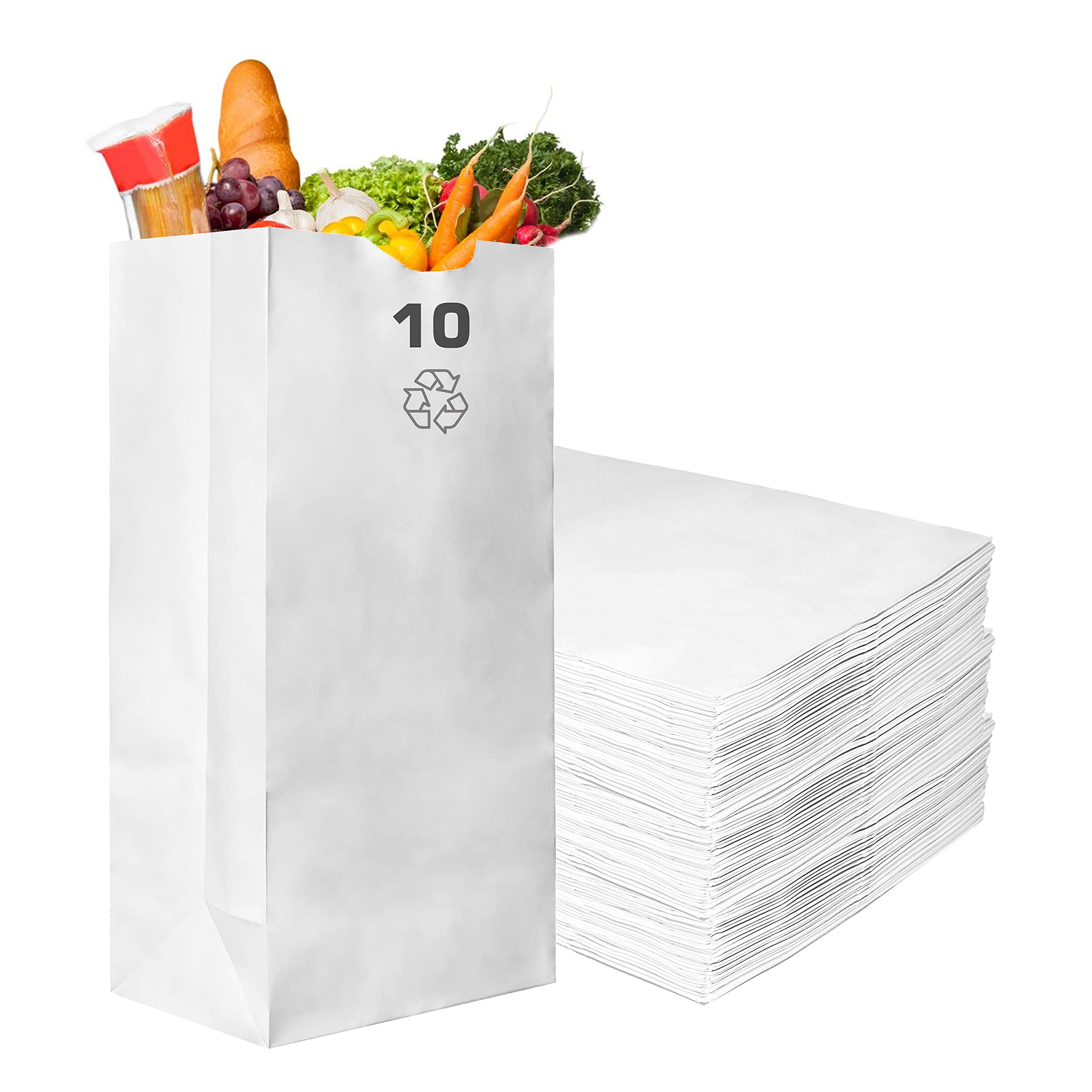 EcoQuality Kraft White Paper Bags - 500 Pack #10 Lb Capacity Lunch Bags, Grocery Bags, Takeout Bags | Perfect for Restaurants, Cafes, Picnics & Eco-Friendly Shopping