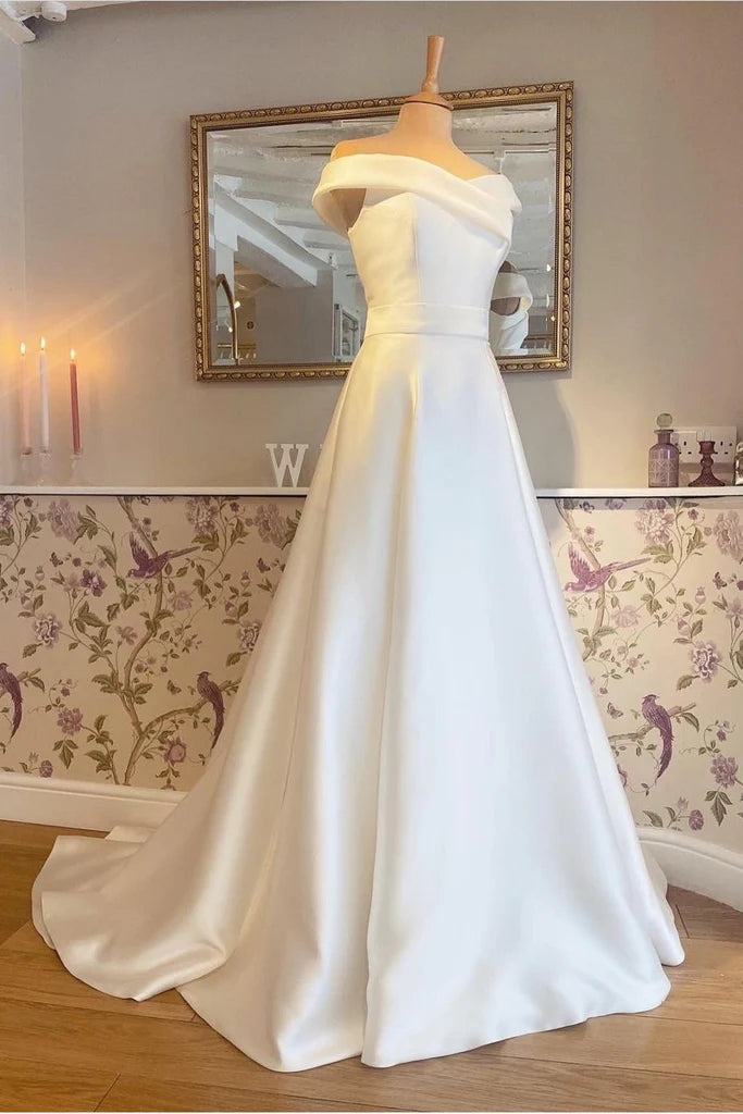 Elegant A-Line Soft Satin Minimalist White Wedding Dress | Off-the-Shoulder Bridal Gown for UK Brides | Perfect for Church Ceremonies, Beach Weddings & Romantic Vows