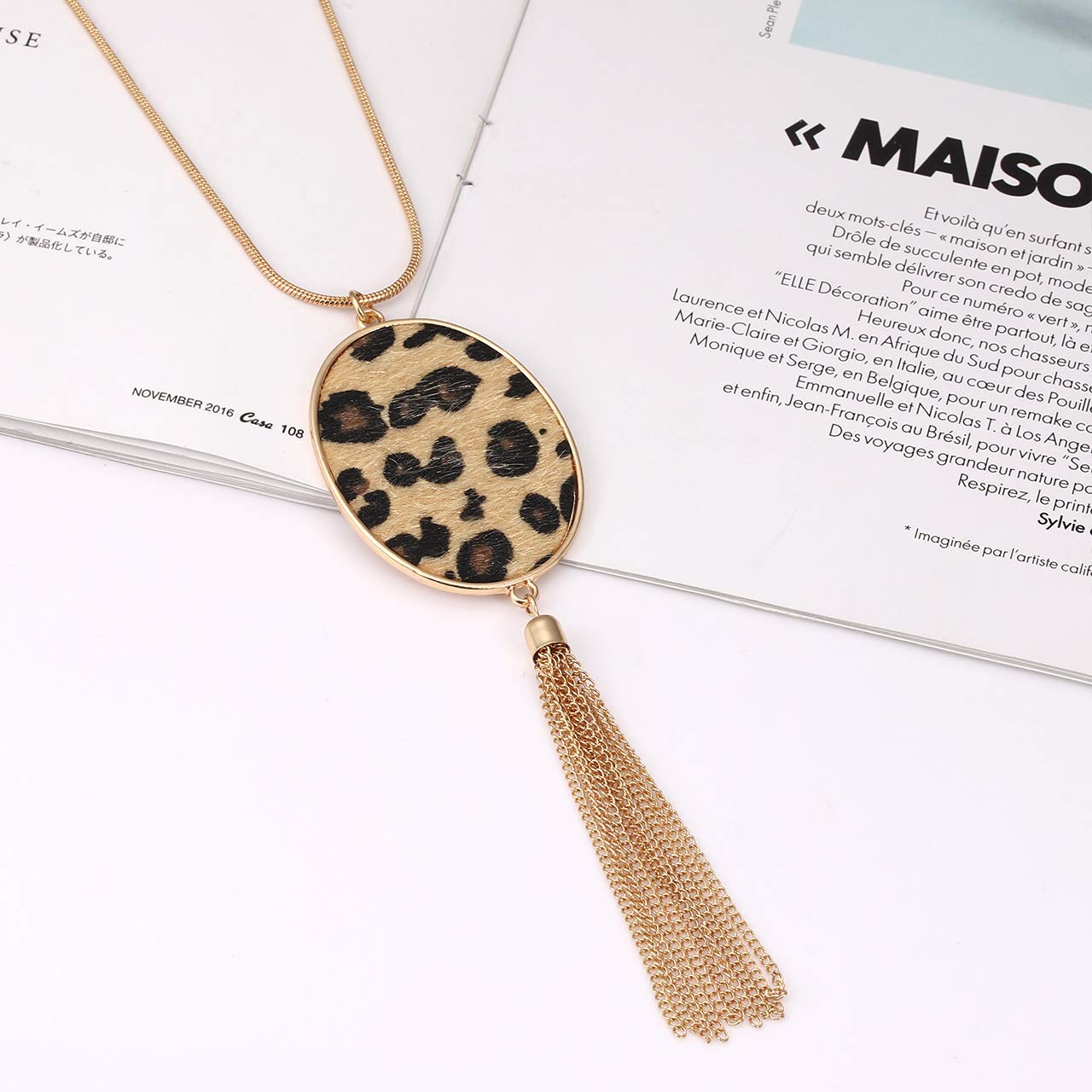 Women's Long Statement Necklace - Leopard & Snakeskin Print with Oval Leather Pendant | Fashion Jewelry for Casual Wear, Office & Evening Outfits