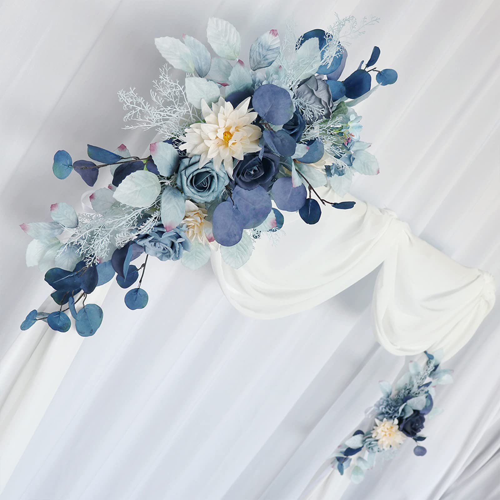 2 Pack Artificial Blue Rose Flower Swags with Eucalyptus Leaves - Faux Black Floral Arrangement for Dark Wedding Arch, Party & Home Wall Decor | Perfect for Gothic Weddings, Halloween Decor & Moody Aesthetic Interiors