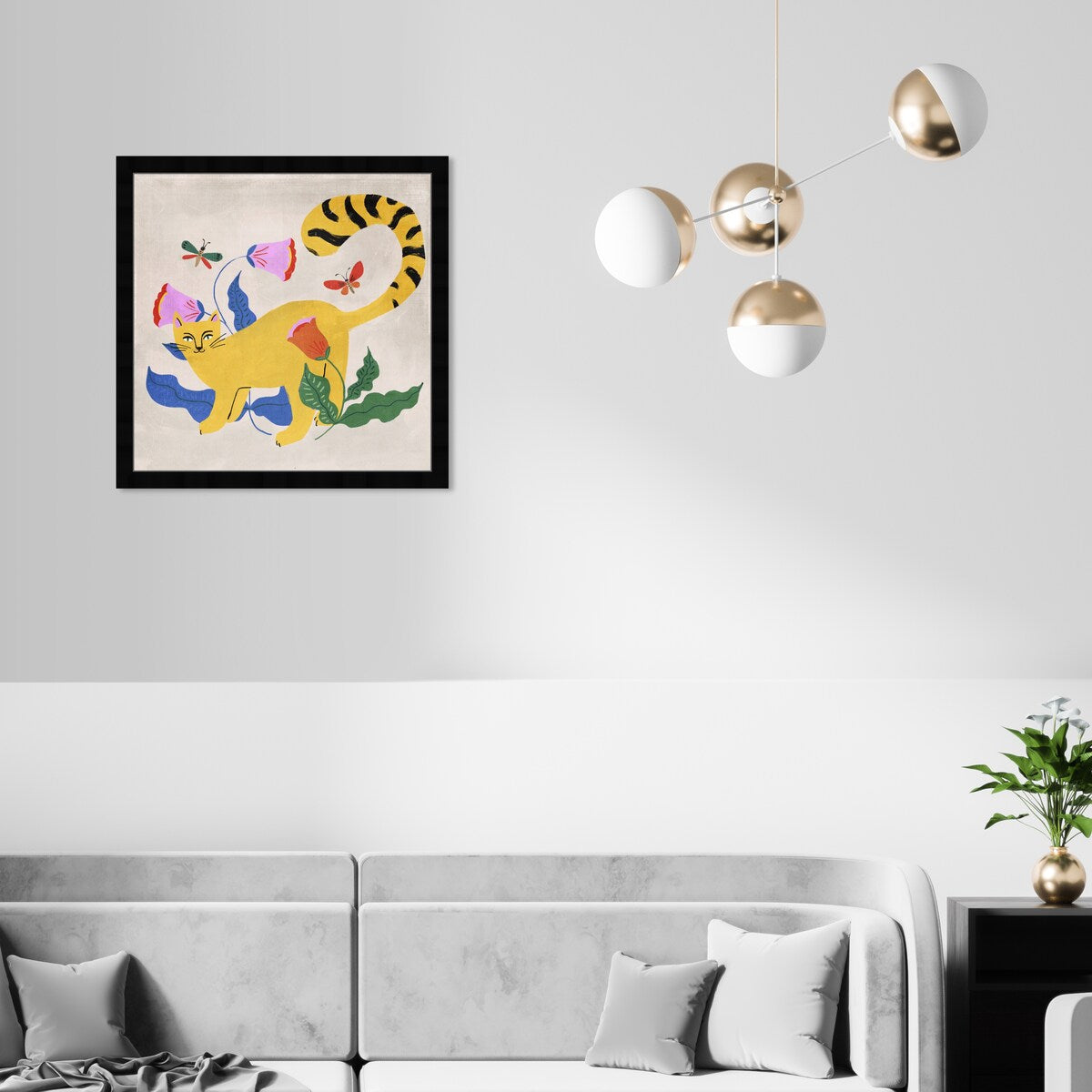 Blonde Tabby Floral Kitten Butterfly Garden Modern Yellow Framed Wall Art Print - Perfect for Bedroom, Nursery & Home Decor