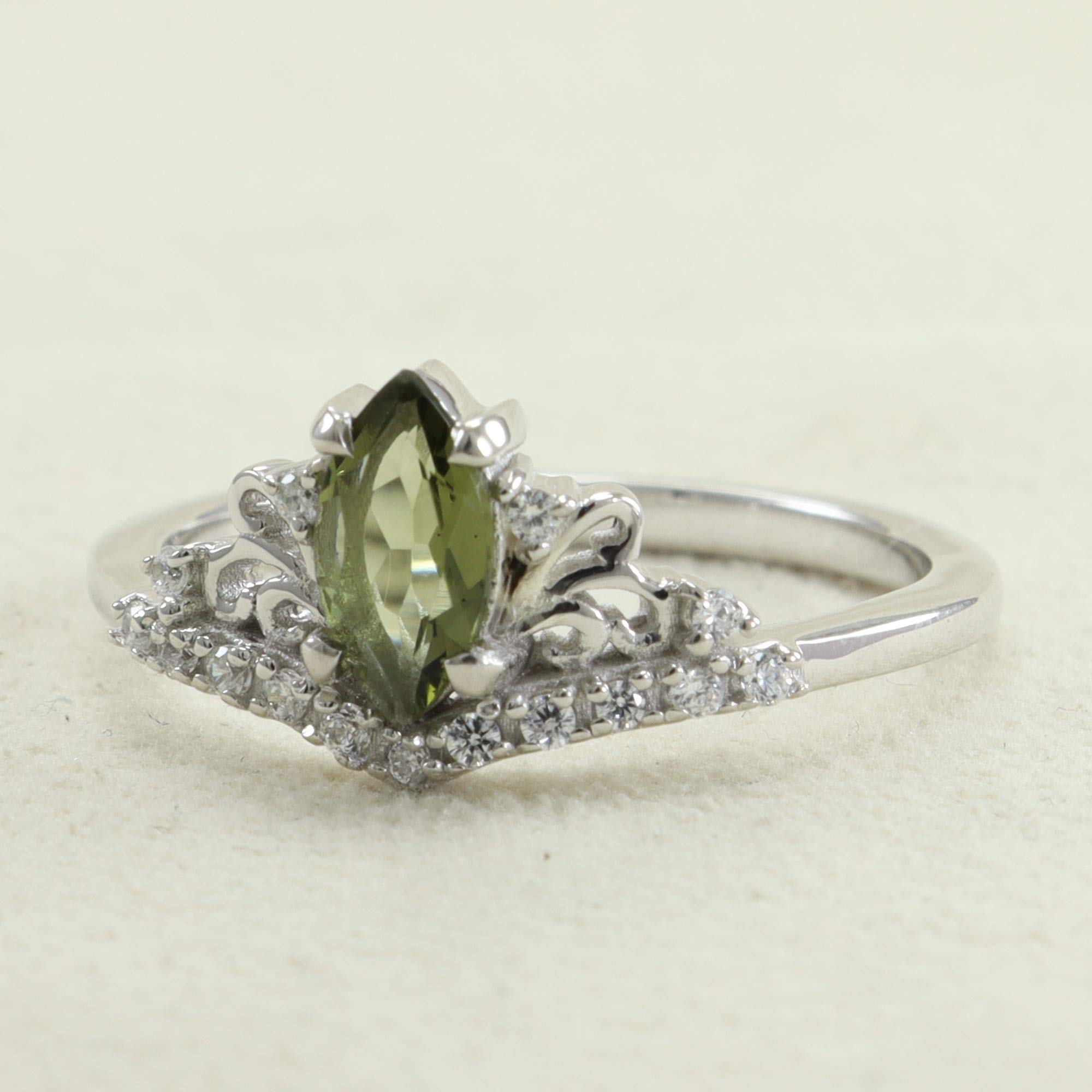 Moldavite Crown Ring for Women - Elegant Silver Filigree Love Ring with Genuine Moldavite Stone - Perfect Gift for Her, Wedding, Anniversary & Special Occasions