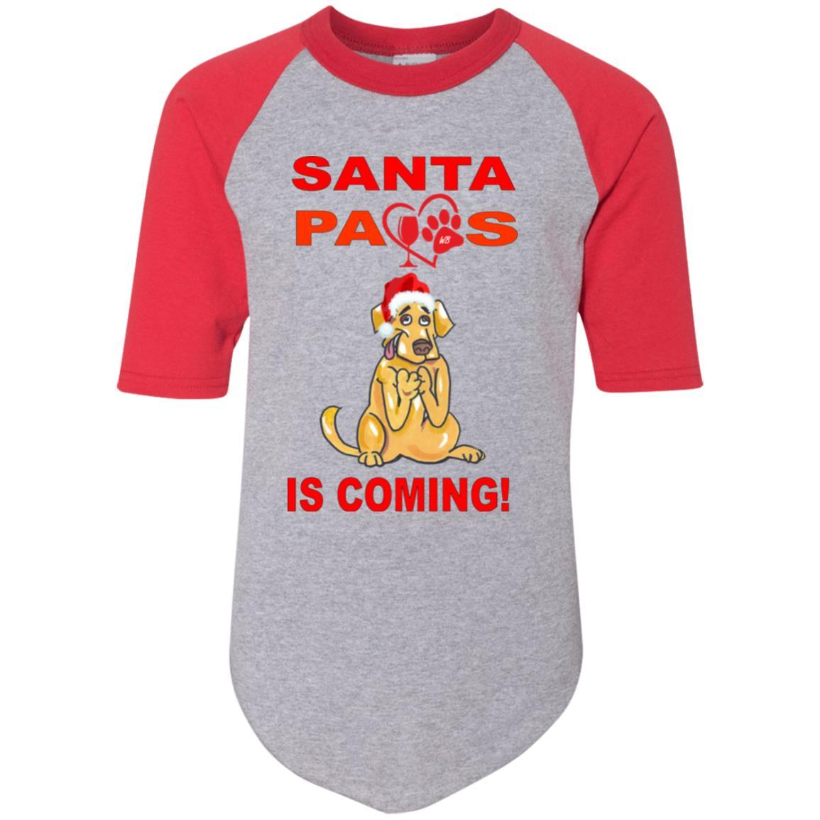 Santa Paws Is Coming - Youth Colorblock Raglan Jersey for Dogs | Christmas Pet Apparel | Holiday Photo Outfits & Festive Dress Up