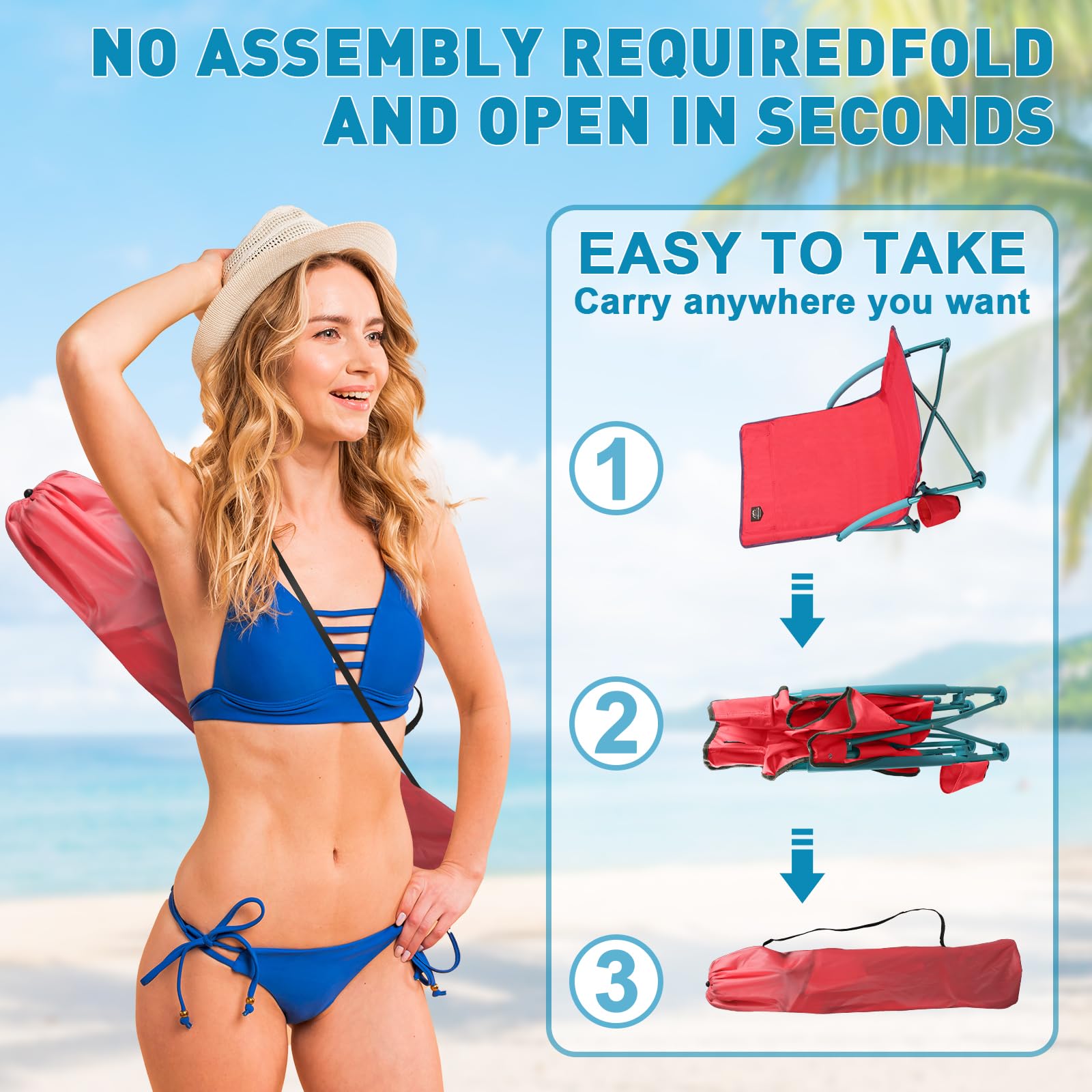 2 Pack Lightweight Folding Low Beach Chairs for Adults - Portable Recliner Camping Chairs with Cup Holder & Carry Bag - Perfect for Outdoor, Beach, Picnic, Festival, and Backyard Relaxation (Pink)