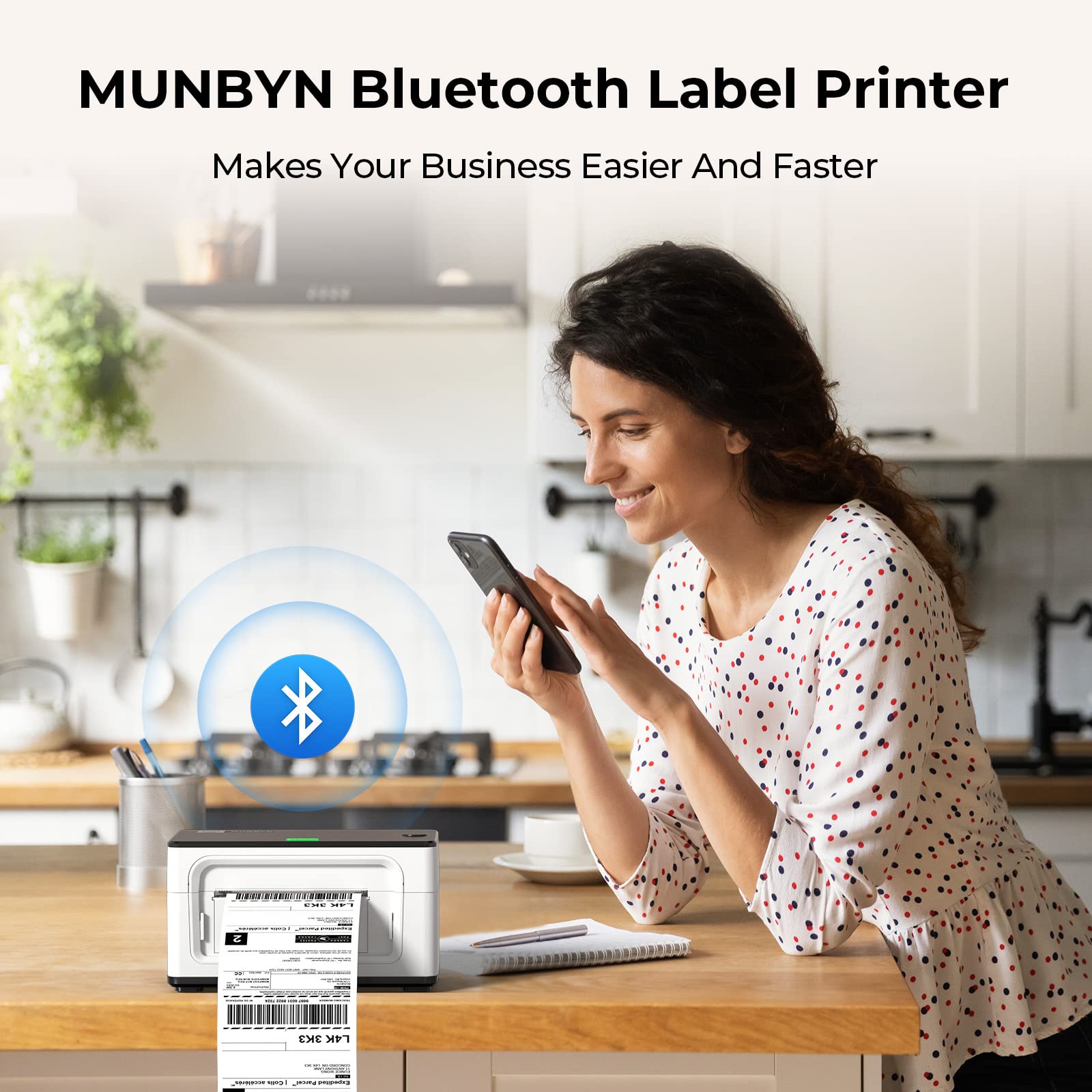 MUNBYN 2024 Bluetooth Label Printer 4x6 - High-Speed 150mm/s Thermal Label Maker for Shipping & Ecommerce - Compatible with UPS, Amazon, eBay, Shopify - Perfect for Home Business & Warehouse Shipping Labels