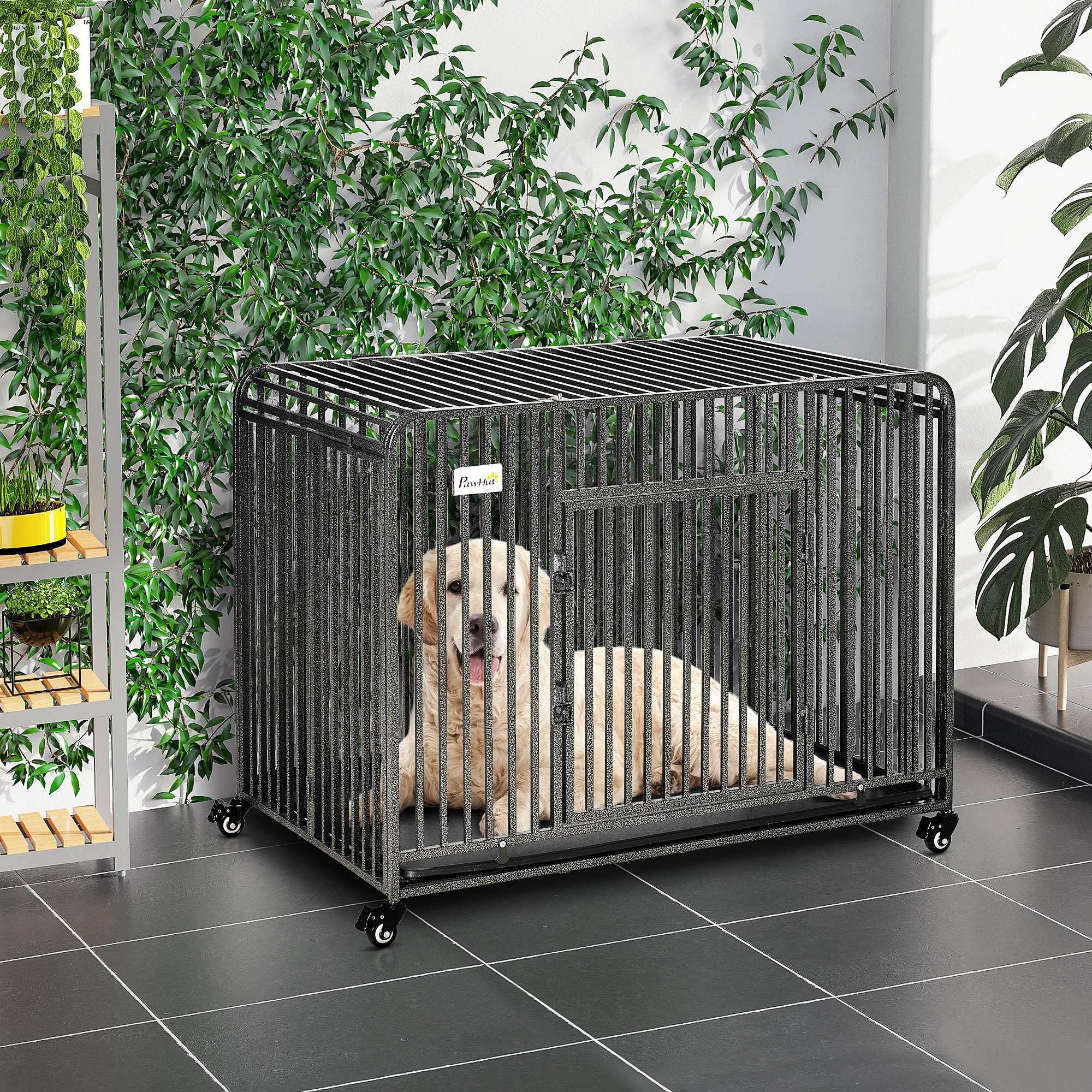 PawHut Heavy Duty Foldable Dog Crate with Wheels - Chew Proof, Portable Pet Cage with Removable Tray for Large & Medium Dogs (43