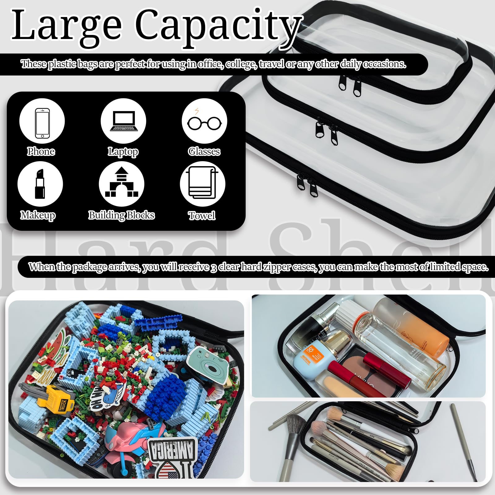 3-Pack Clear Hard Shell Zipper Cases - Transparent Plastic Makeup Bags & Travel Storage Organizers for Cosmetics, Jewelry, Toiletries | Portable Waterproof Pouches for Home, Office & Vacation Use