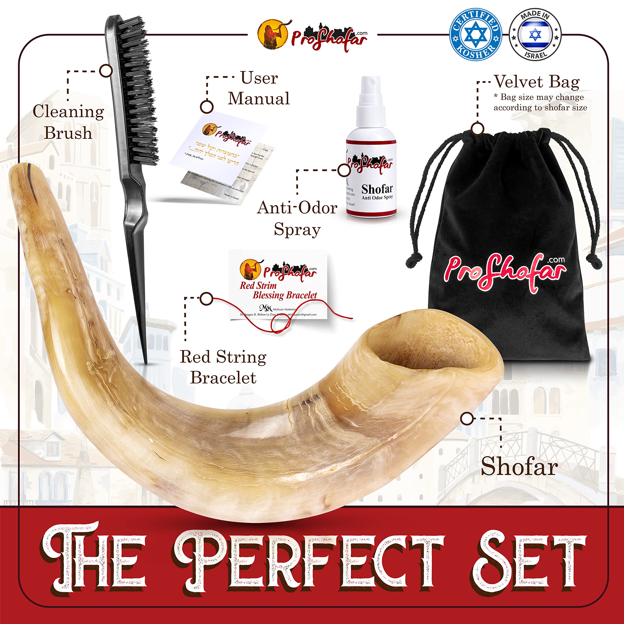 Authentic Polished Ram Shofar Set from Holy Land - Kosher Certified, Made in Israel with Velvet Carry Bag, Odor Neutralizer Spray, Cleaning Brush & Red Bracelet | Perfect for Jewish Holidays, Religious Ceremonies & Spiritual Practices