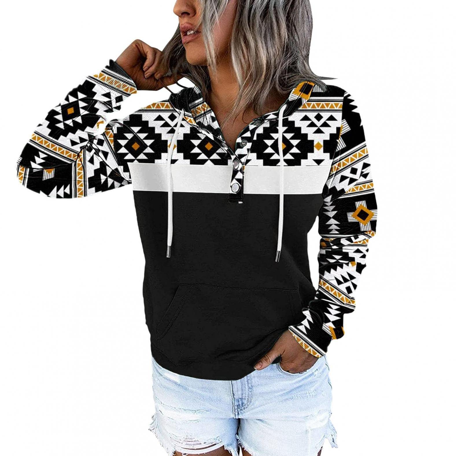 Women's Geometric Print Hoodie - Long Sleeve Drawstring Pullover Sweatshirt | Casual Streetwear Top for Fall & Winter | Perfect for Outdoor Activities, Travel & Lounge Wear