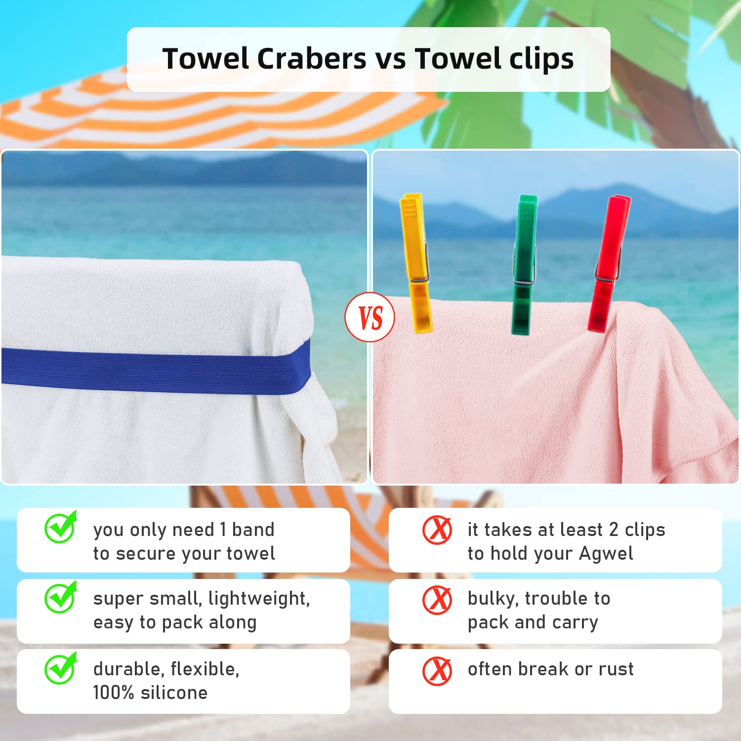 4 Pack Stretch Silicone Beach Towel Clips - Blue & Turquoise, Secure Towels on Beach, Pool, Cruise Chairs, Perfect for Outdoor Lounging and Travel Accessories