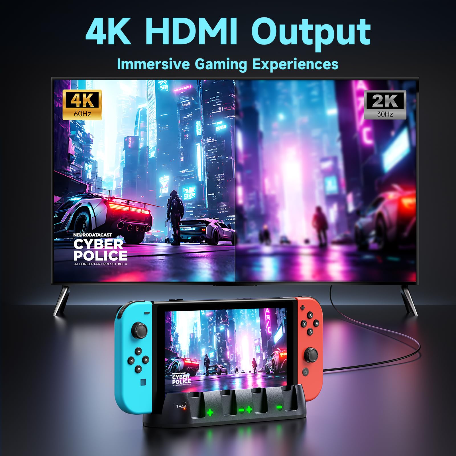 Nintendo Switch Charger Dock - Compatible with Switch/Switch OLED, PC & Mac - 4K/1080P HDMI & USB-C Charging - Portable TV Docking Station with Joycon Controller Charger (Black) - Perfect for Gaming at Home or Travel